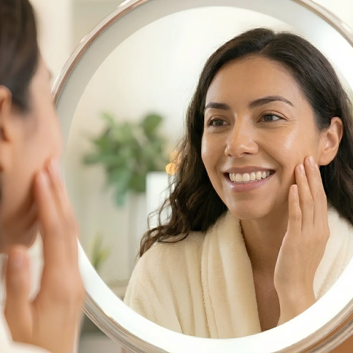 Close-up of woman examining glowing skin in mirror after facial hair removal