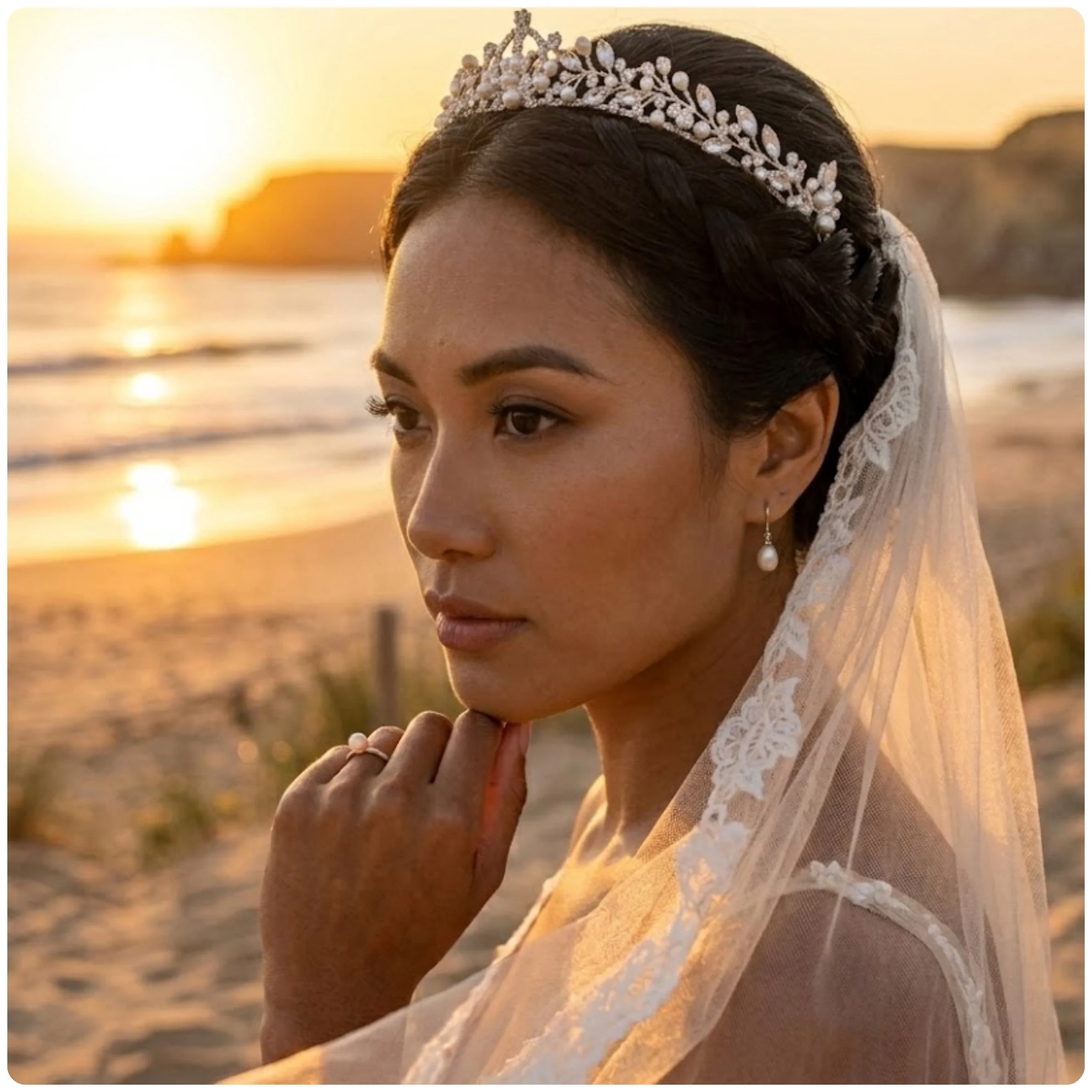 Sun-kissed wedding makeup look on a bride, featuring seamless cream bronzer, champagne highlighter, and a subtle golden eyeshadow wash.