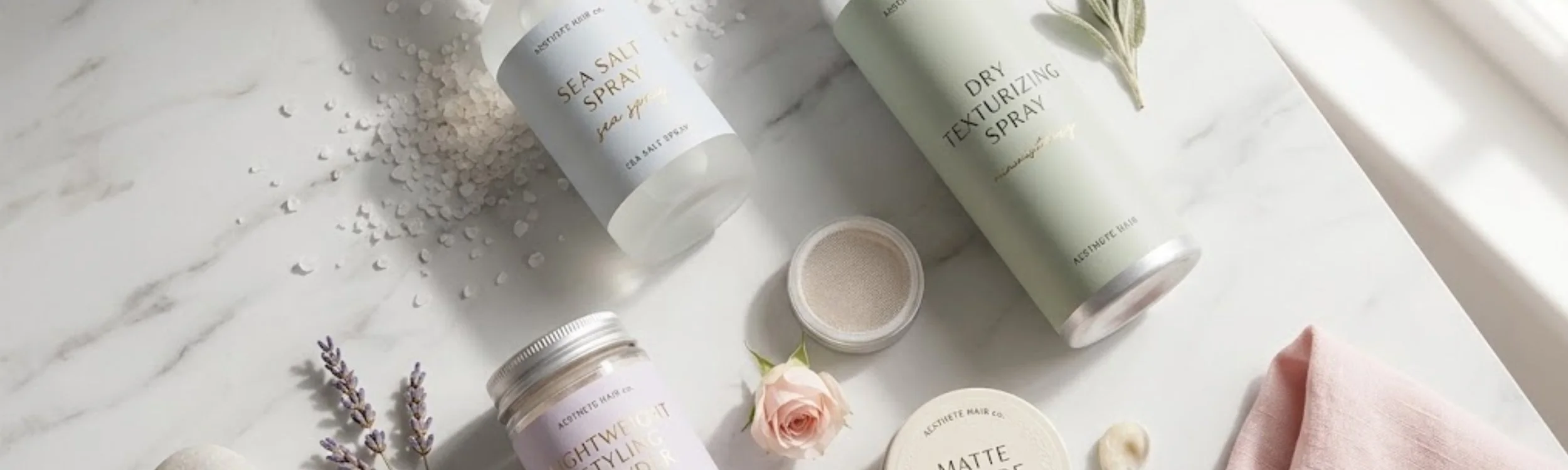 A styled flat-lay photograph featuring the exact sea salt spray, texturizing powder, and lightweight mousse used at The Glam House