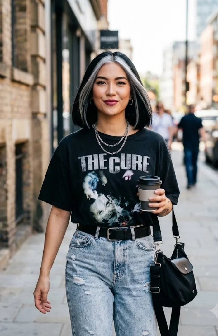 Woman with a sleek dark bob haircut featuring bold, chunky silver face-framing highlights.