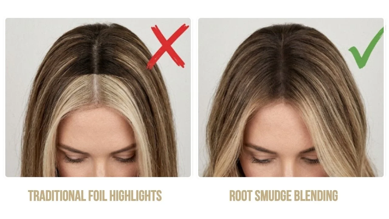 Visual comparison of a harsh line of demarcation versus a seamless root smudge hair color technique