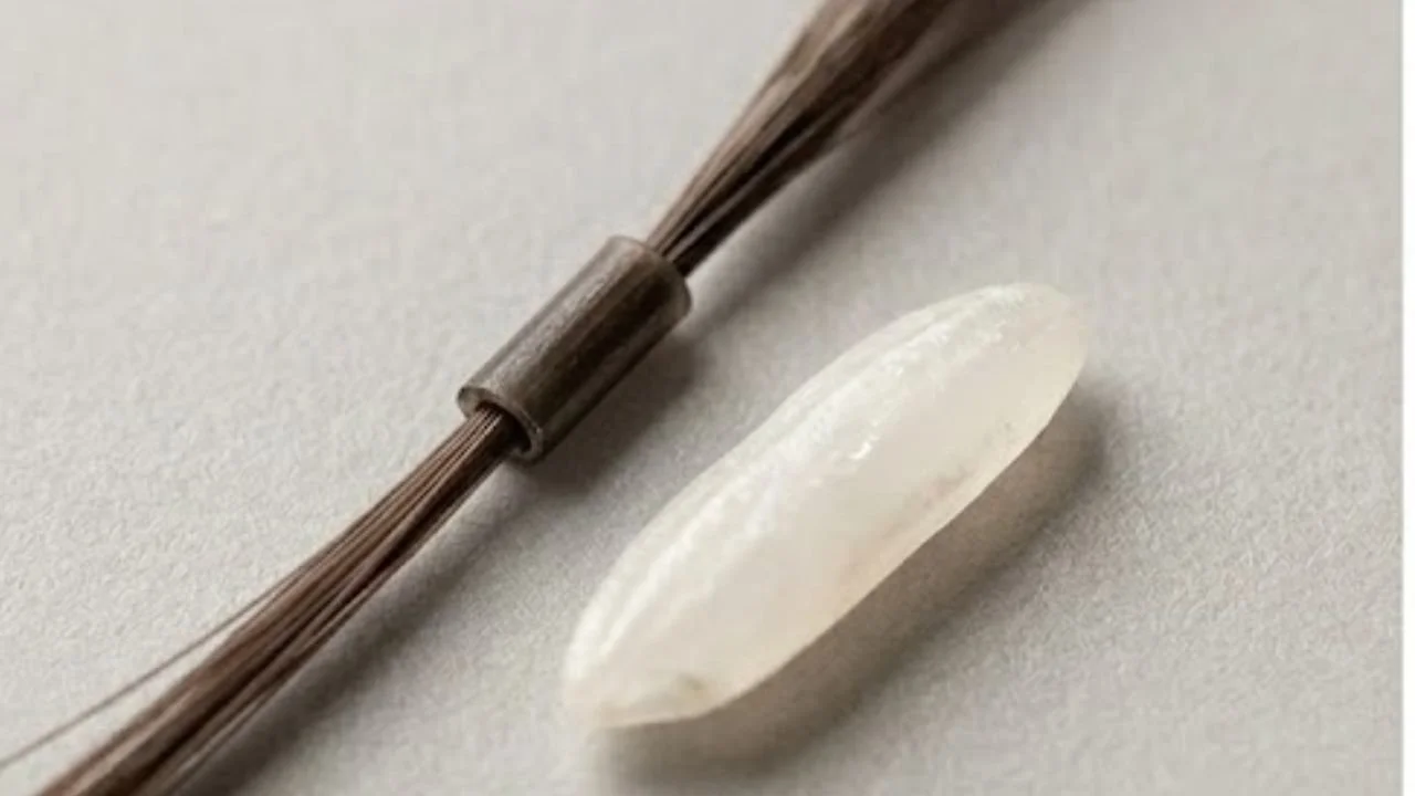 Close up comparison of a keratin tip hair extension bond fused to natural hair root
