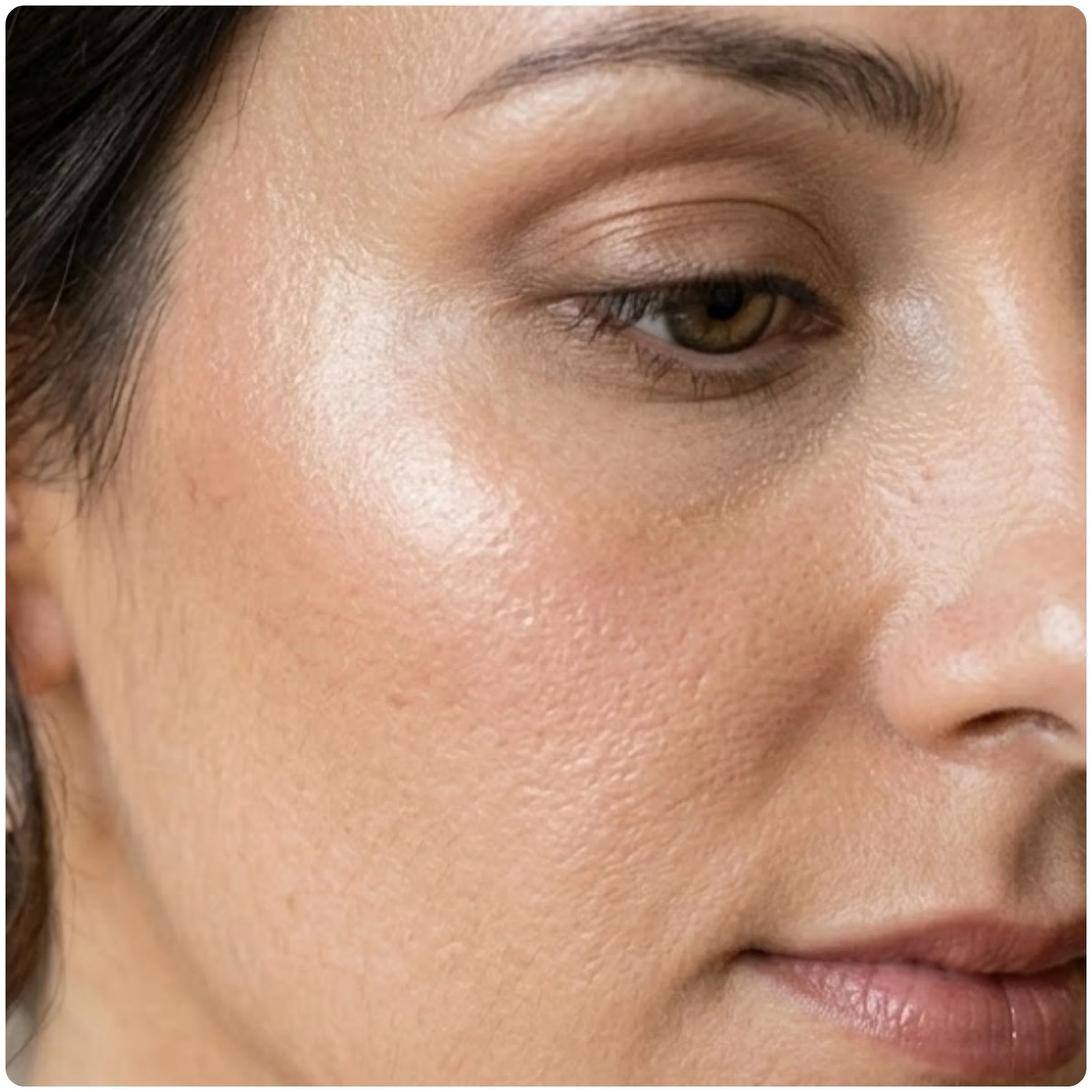 Close-up shot of radiant bridal makeup highlighting a luminous skin tint, cream blush, and a glossy lip with natural skin texture.