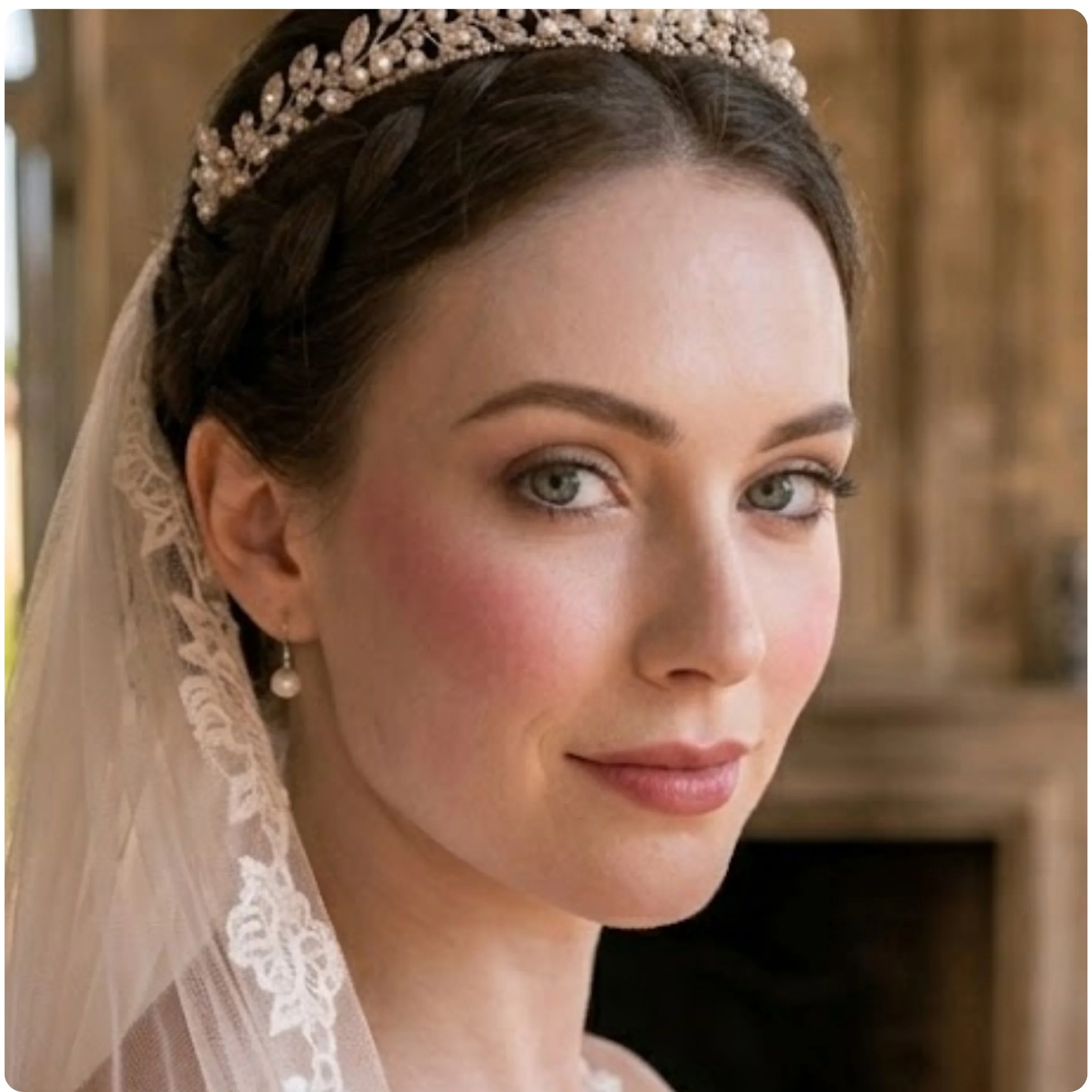 Classic English Rose bridal makeup featuring a soft matte velvet complexion, youthful rosy pink cheeks, and a subtle berry lip stain.