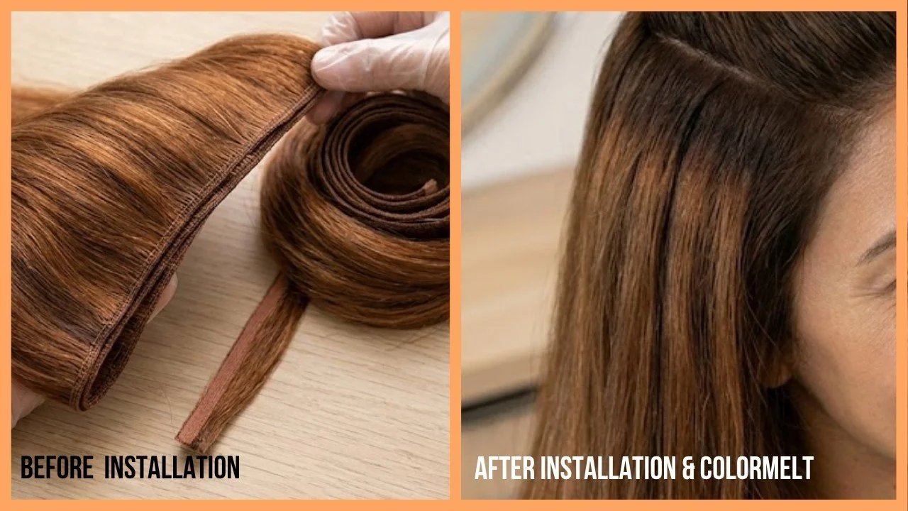 Close-up of a seamless root smudge on premium hair extensions to hide tracks.