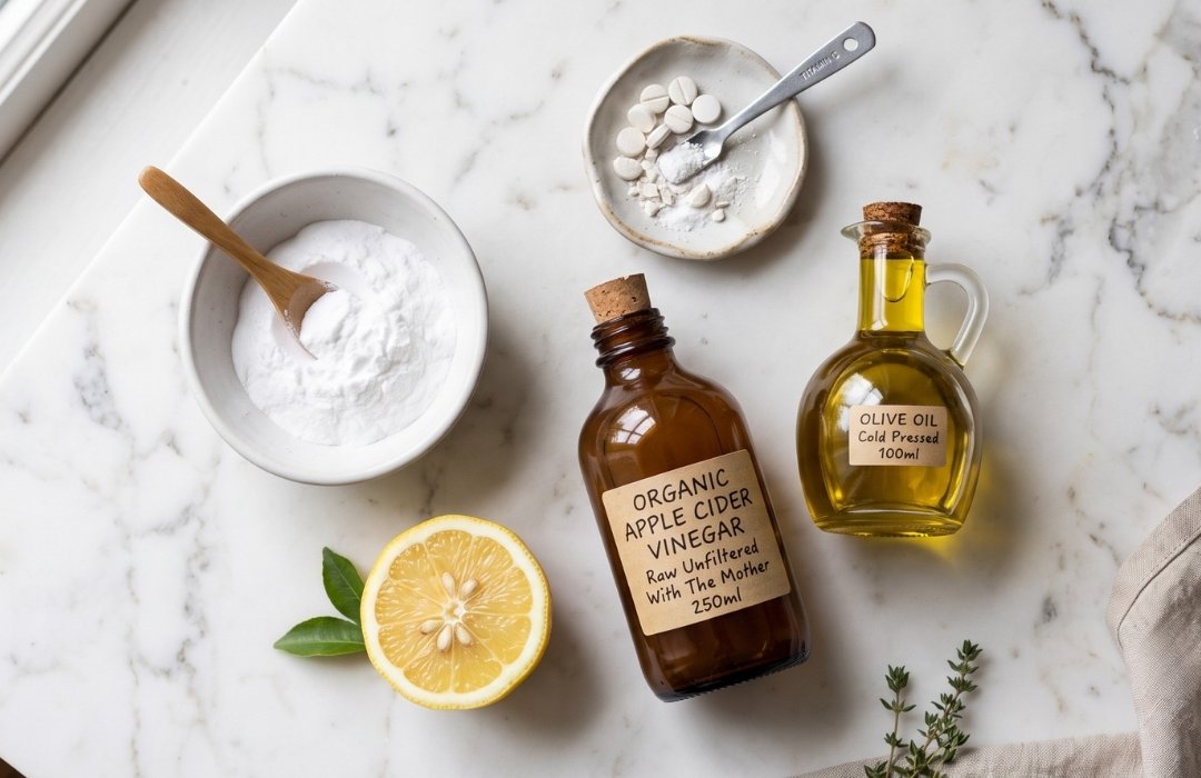 Assortment of safe, natural DIY hair dye removal ingredients.