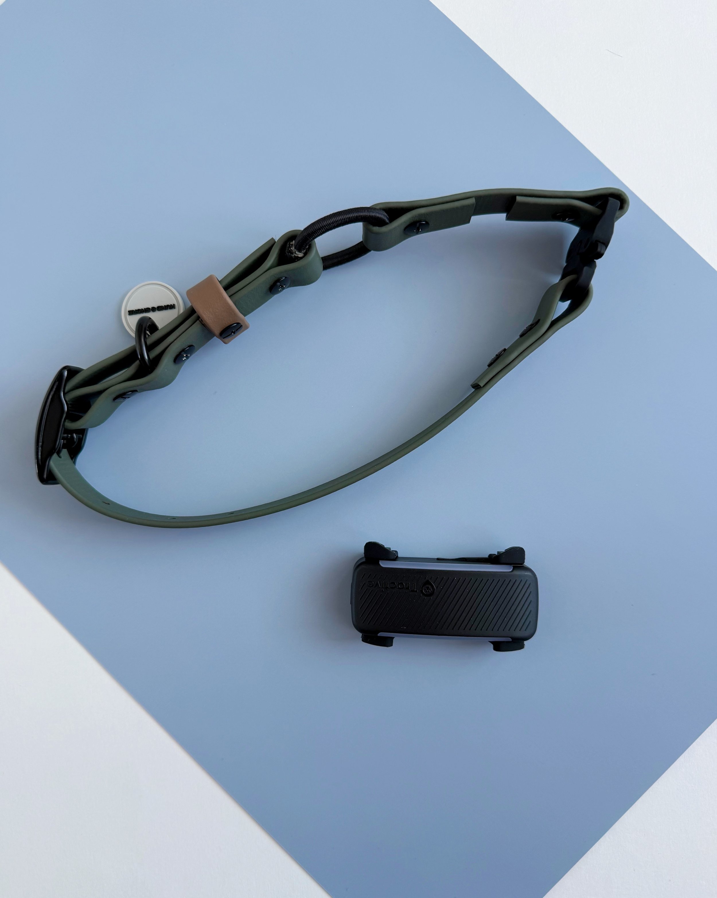 Waterproof biothane e-collar strap with quick-release buckle and tracker in olive and black colorway