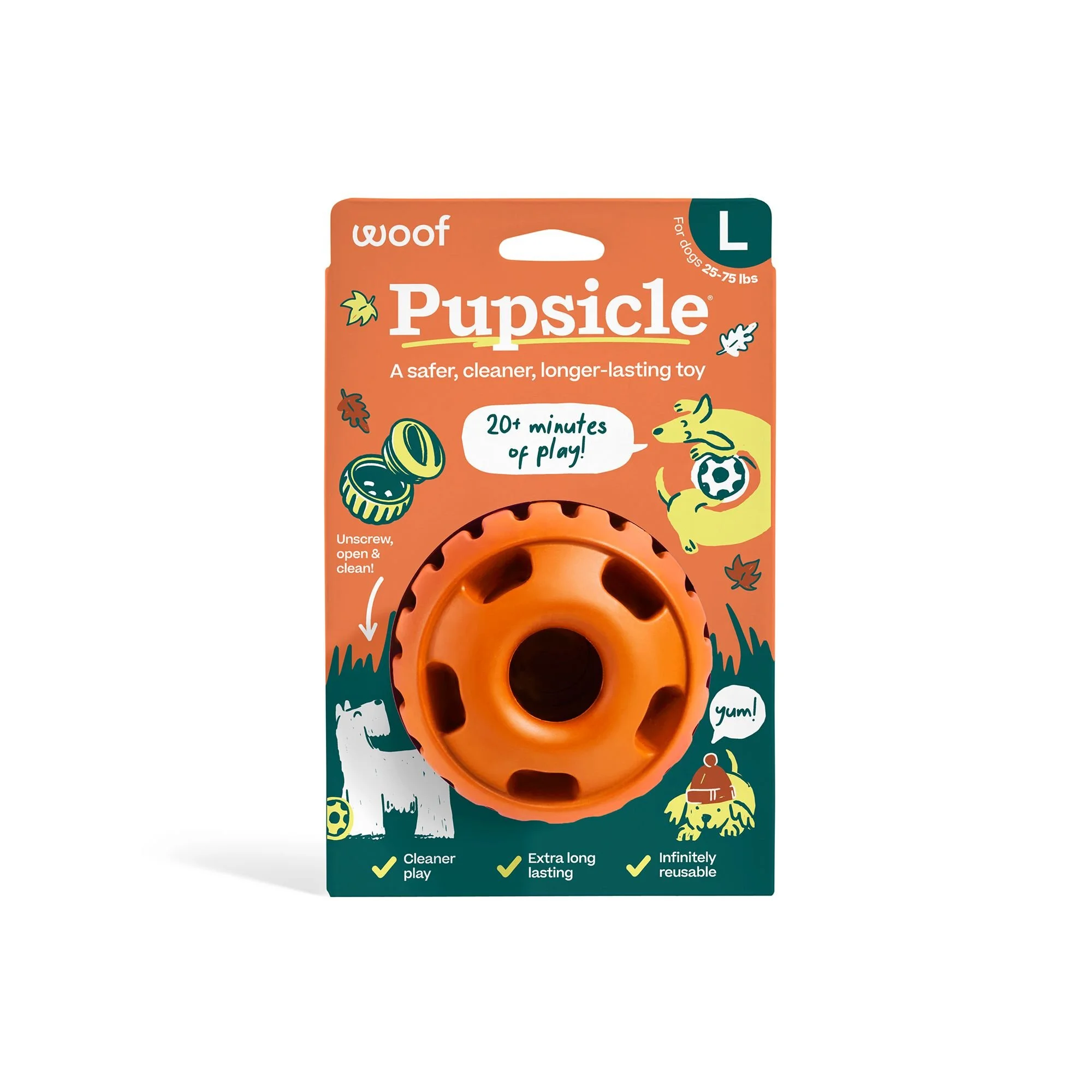Woof Pupsicle in Pumpkin opened to show the treat chamber for frozen dog treat refills at Hund and Shore
