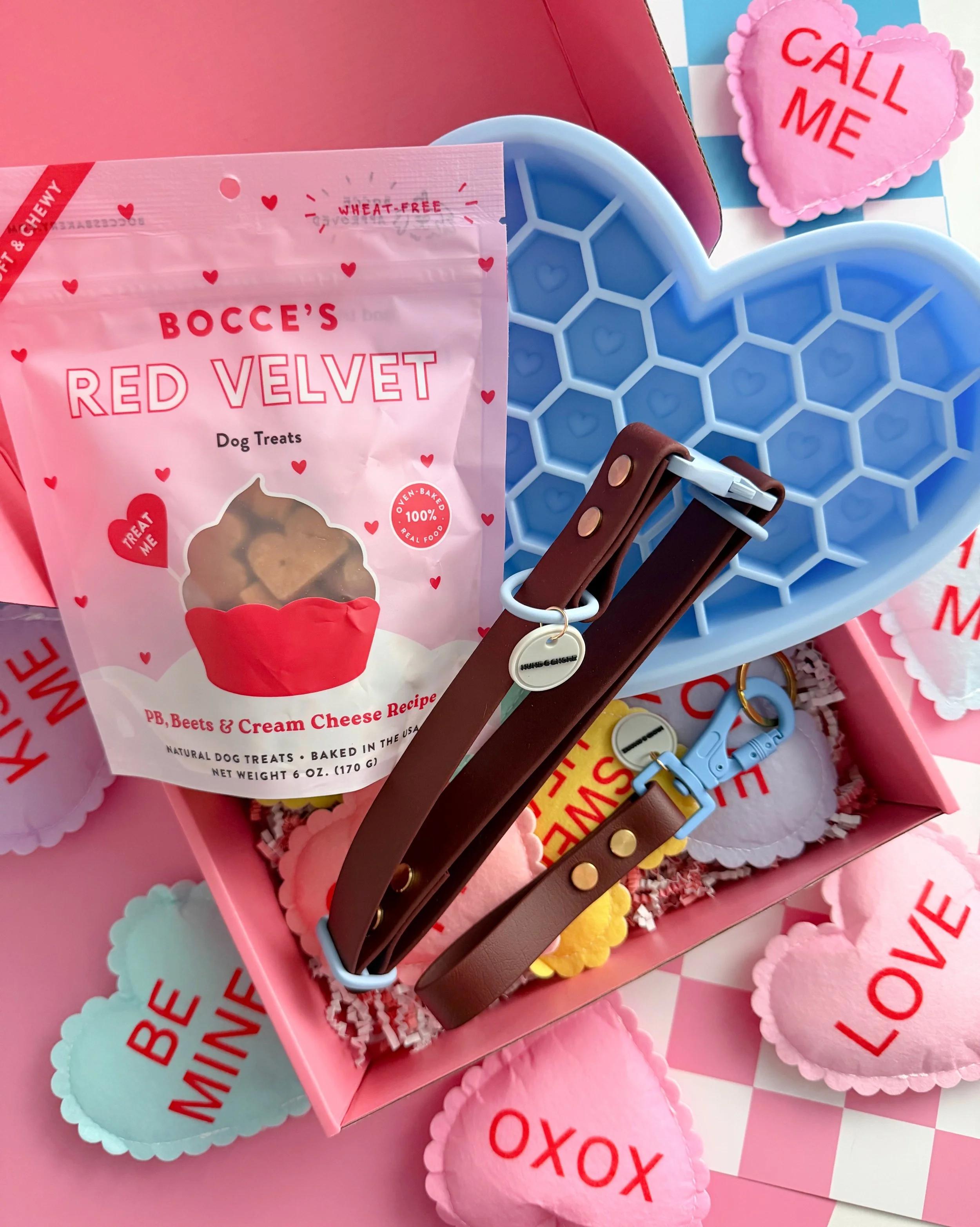 Dog Mom + Pup Sweet Hearts Bundle with collar treats keychain and heart shaped slow feeder bowl from Sweet Paws Valentine's Collection