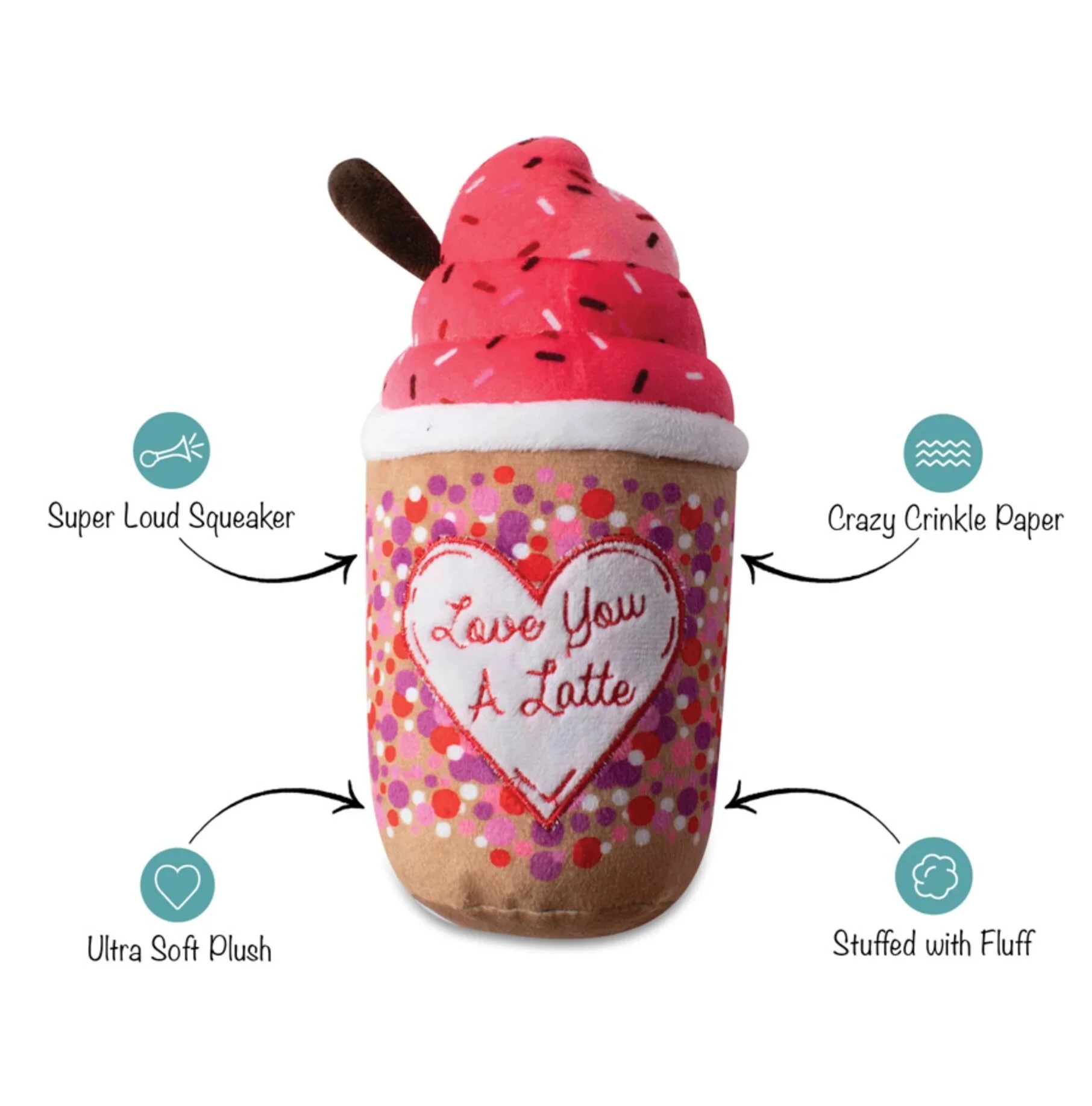 Love You A Latte Valentine's plush squeaker dog toy coffee cup by PetShop by Fringe Studio