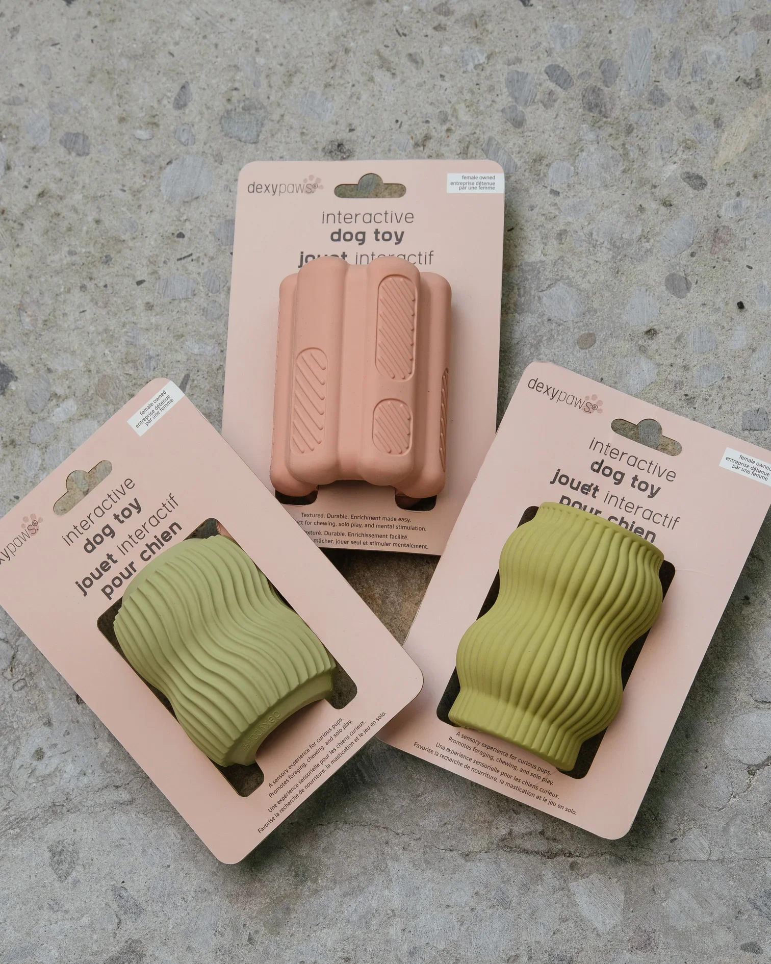 DexPaws blush pink triple chamber natural rubber dog chew toy filled with treats available at Hund and Shore