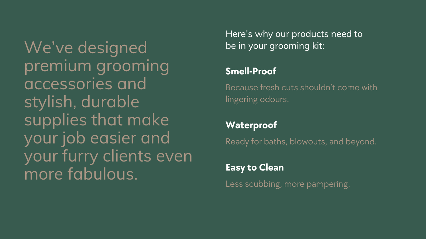 Green promotional graphic with white and beige text describing premium grooming accessories, emphasizing features like smell-proof, waterproof, and easy to clean.