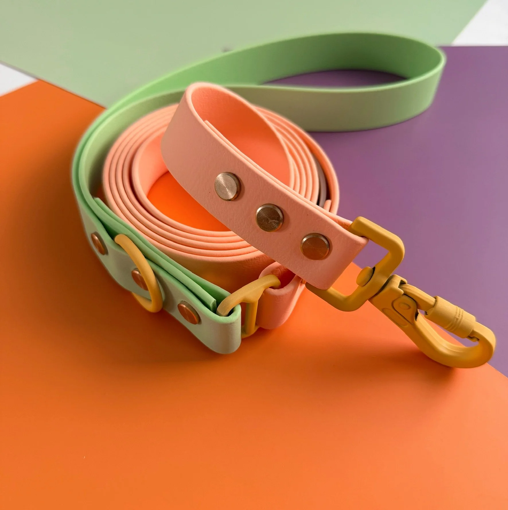 Garden Bound peachy two tone biothane dog leash with pastel green and yellow hardware from the Flora Collection by Hund and Shore