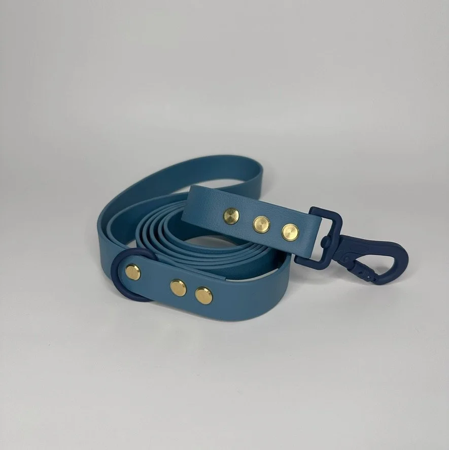 Blue grey dog leash with navy hardware in waterproof biothane