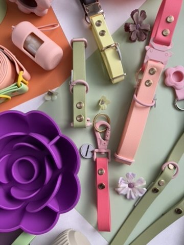 Flora Collection by Hund and Shore featuring Sunflower Fetch Buttercup Rosy Wag Clover Run Garden Bound Sweet Pea and Dandelion biothane dog collars and leashes Spring 2026