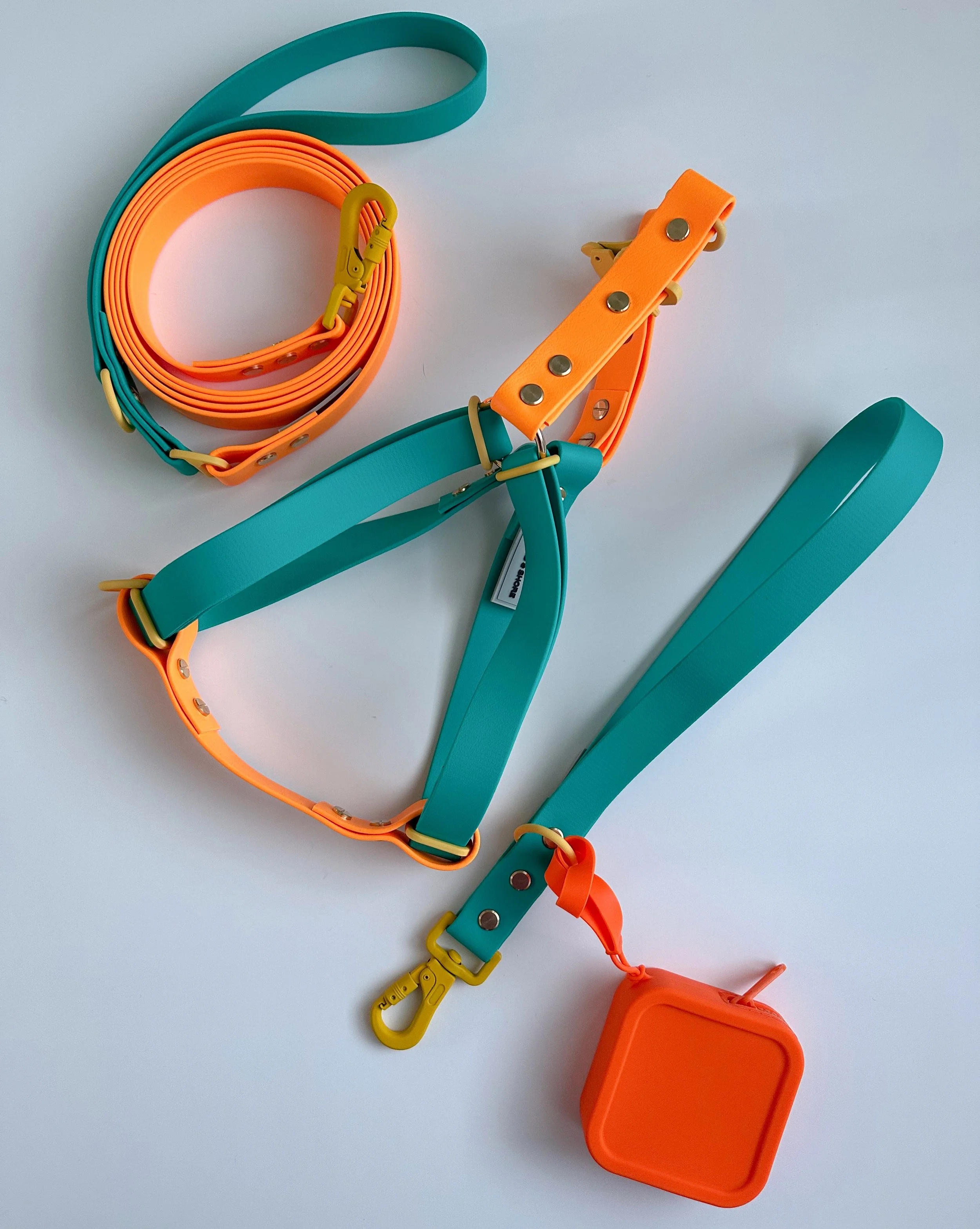 Colorful pet leash with orange, teal, and yellow accents on a white background.