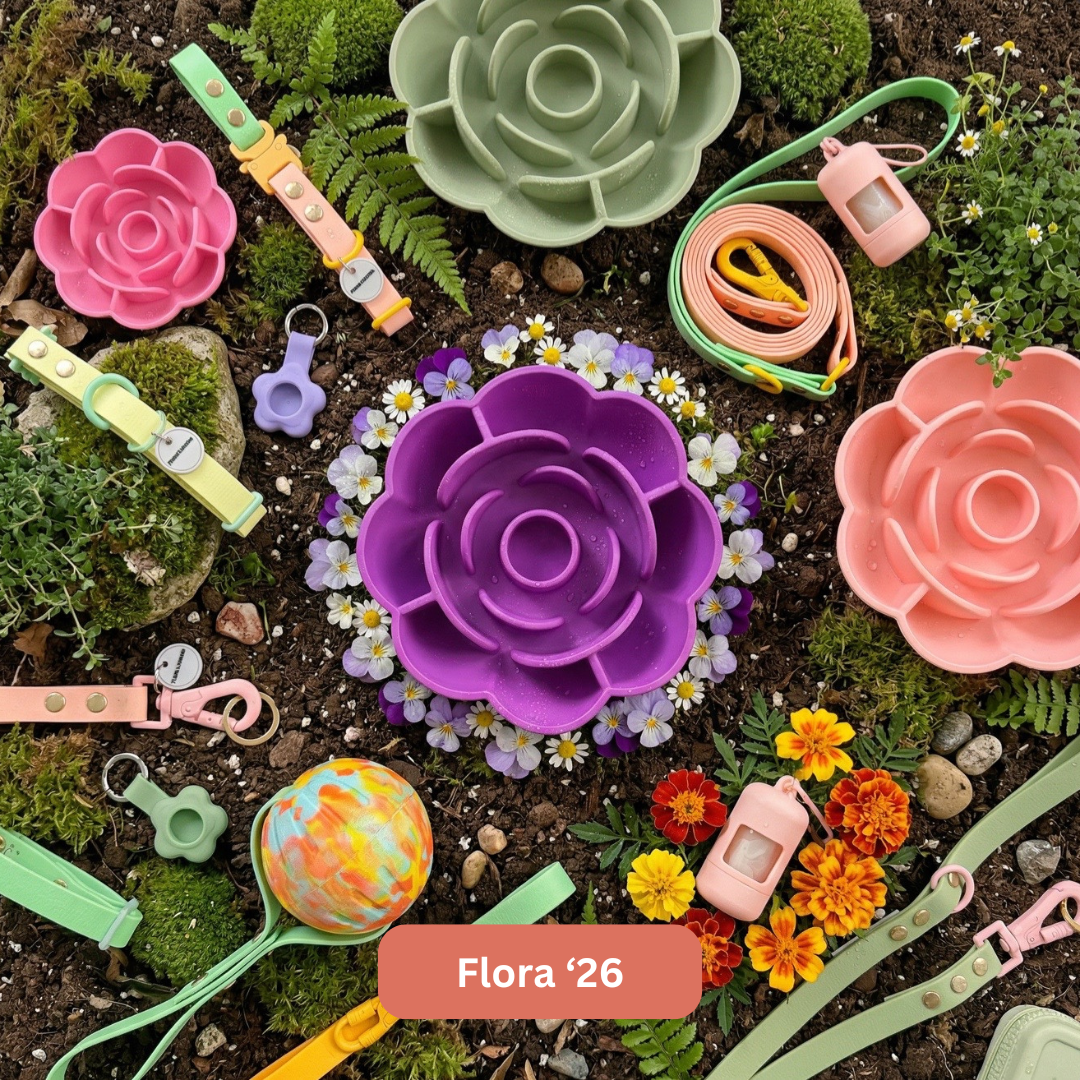 Colorful flower-shaped silicone pet bowls, rose-shaped silicone accessories, small plants, colorful marbled bouncy ball, and flower-shaped plant tags arranged on soil and surrounded by various small plants and flowers.