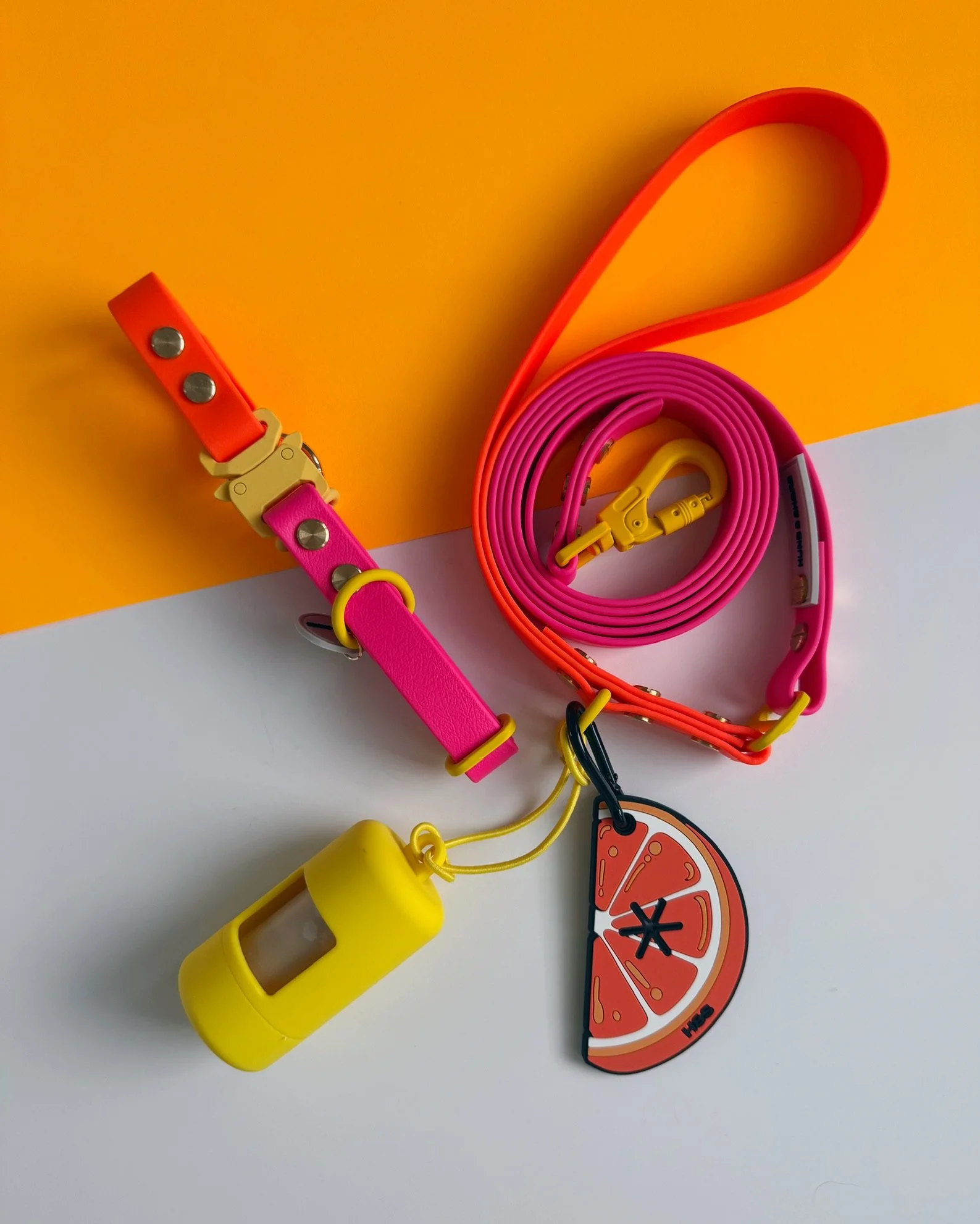Sunset Wag neon pink and orange two tone waterproof biothane dog collar and leash set with yellow hardware Rover Splash Collection Hund and Shore
