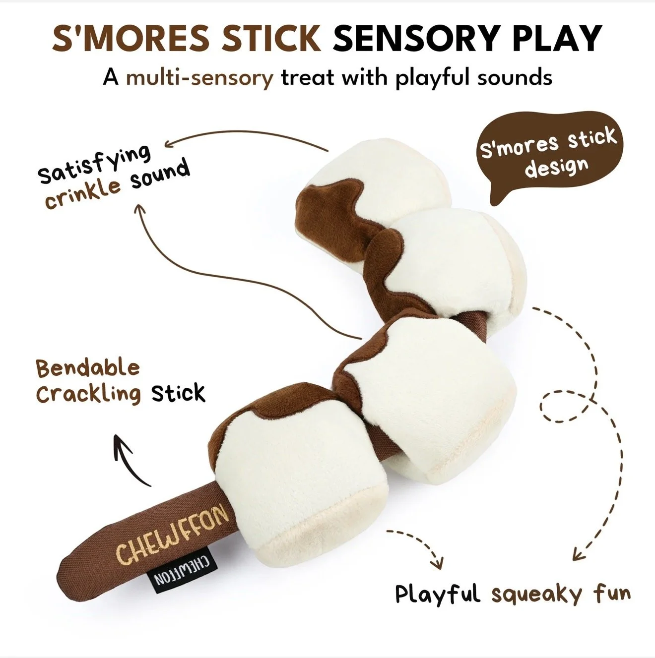 Chewffon S'mores Stick interactive dog toy with detachable marshmallow segments for treat hiding and snuffle play at Hund and Shore