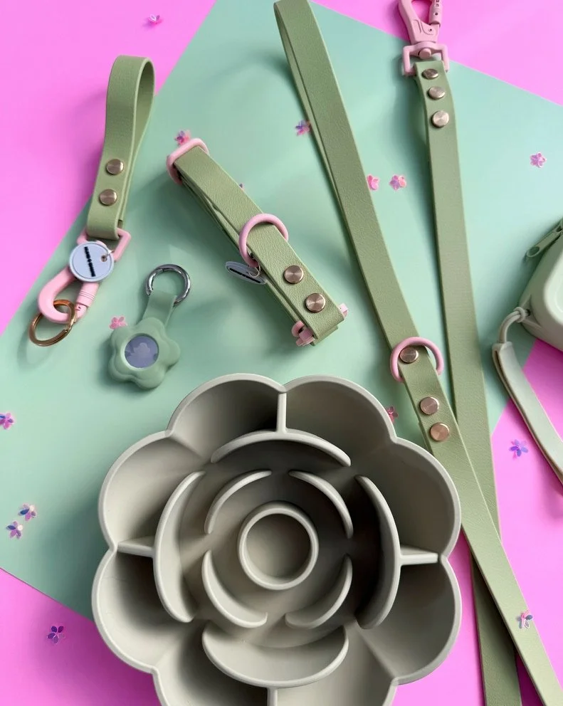 Clover Run earthy green biothane dog collar and leash set with light pink hardware from the Flora Collection by Hund and Shore