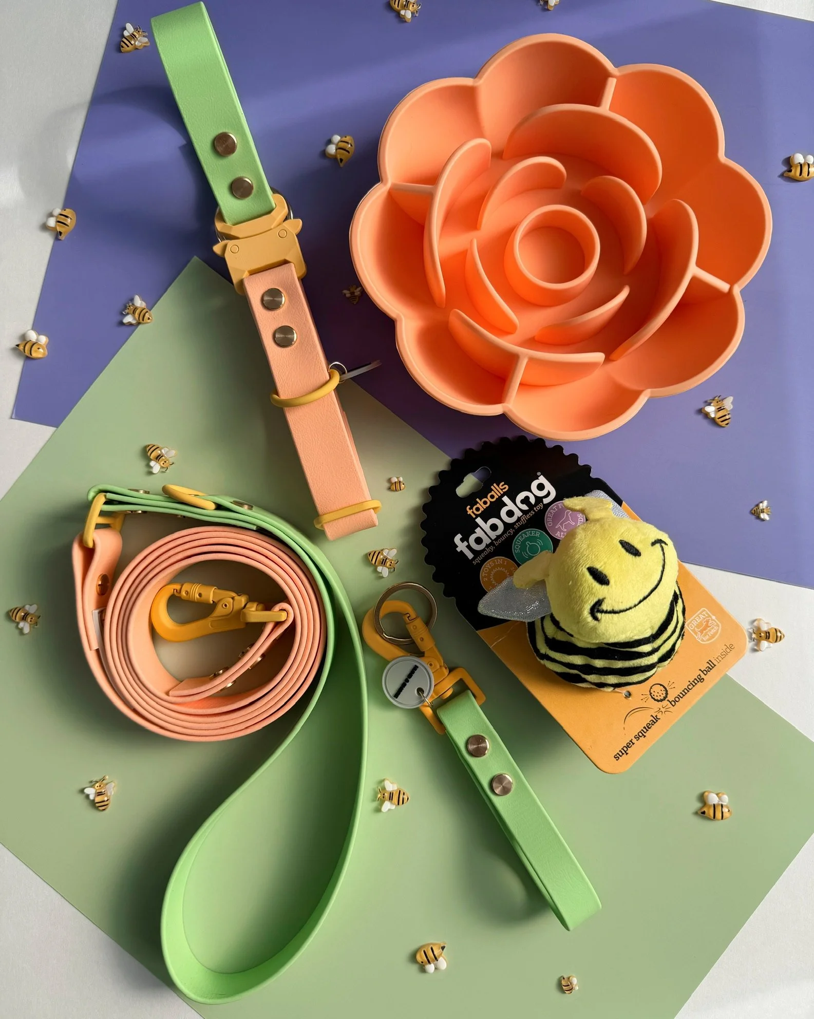 Garden Bound peachy two tone biothane dog collar and leash set with pastel green and yellow hardware from the Flora Collection by Hund and Shore