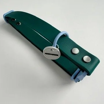 Evergreen Run hunter green waterproof dog collar with powder blue hardware from Alpine Ski Club collection