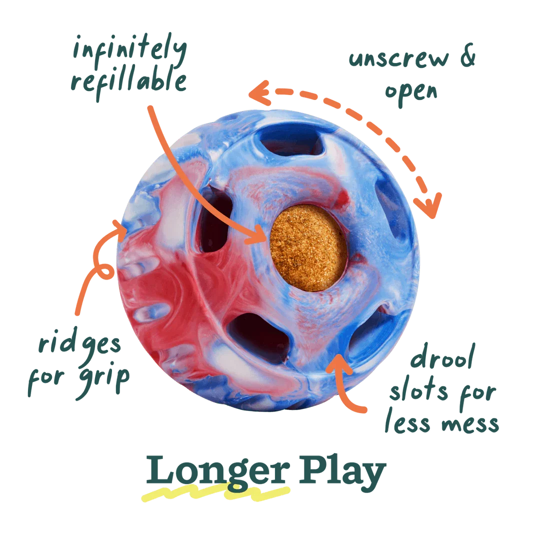 Woof Pupsicle treat dispensing dog toy showing how to fill with treats peanut butter or Pupsicle Pops for 30 minutes of enrichment available at Hund and Shore