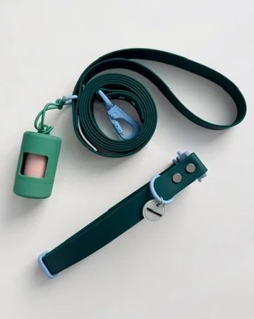 Evergreen Run hunter green waterproof dog collar and leash set with powder blue hardware from Alpine Ski Club collection
