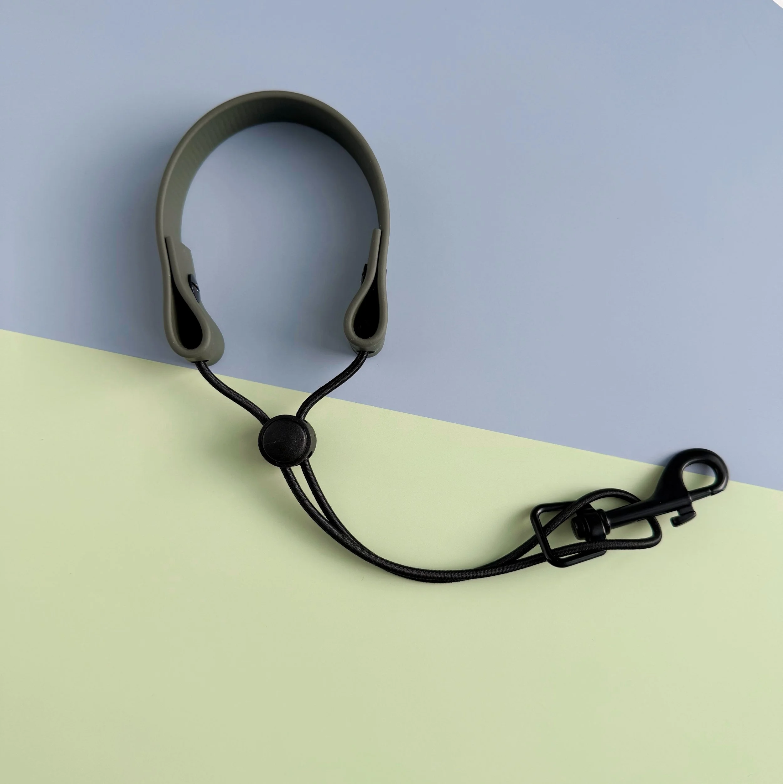 3/4 inch olive biothane e-collar remote wrist strap with bungee cord and black swivel snap hook
