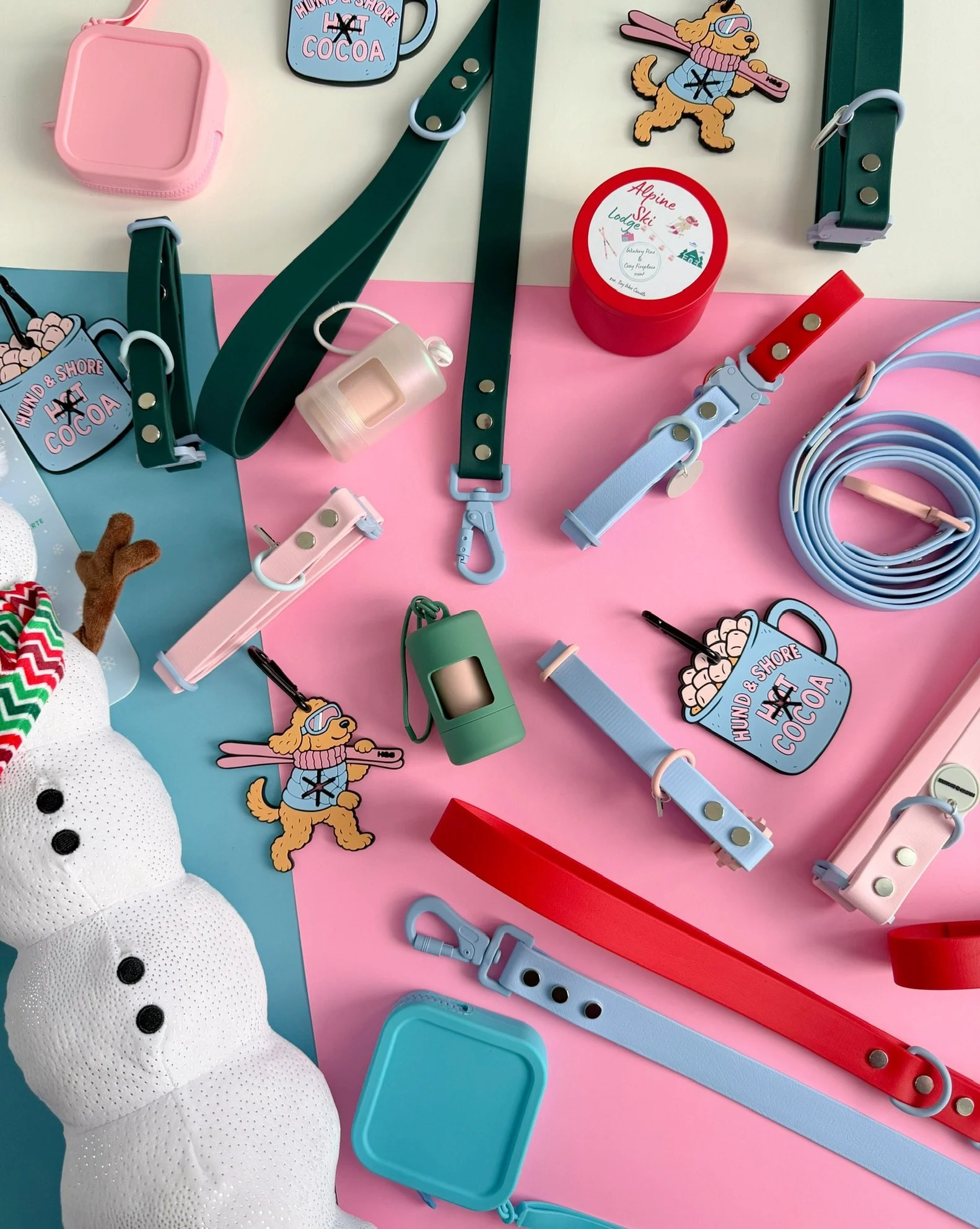 Alpine Ski Club dog collar and leash collection featuring Fresh Paw-Der and other colorways