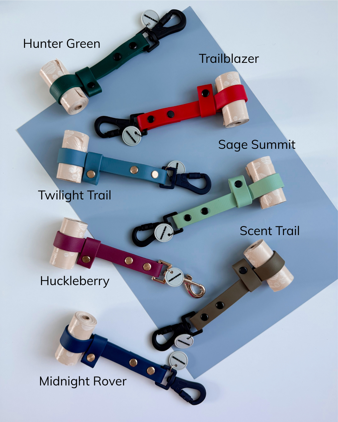 Hund and Shore Shore Clip biothane dog waste bag holder with swivel snap hook clips onto leash D-ring available in Hund Trails Collection colours
