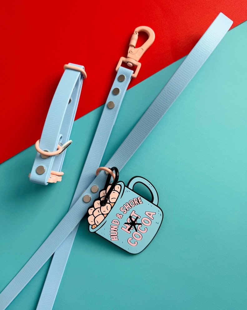 Fresh Paw-Der light blue waterproof dog collar and leash set with baby pink hardware from Alpine Ski Club collection