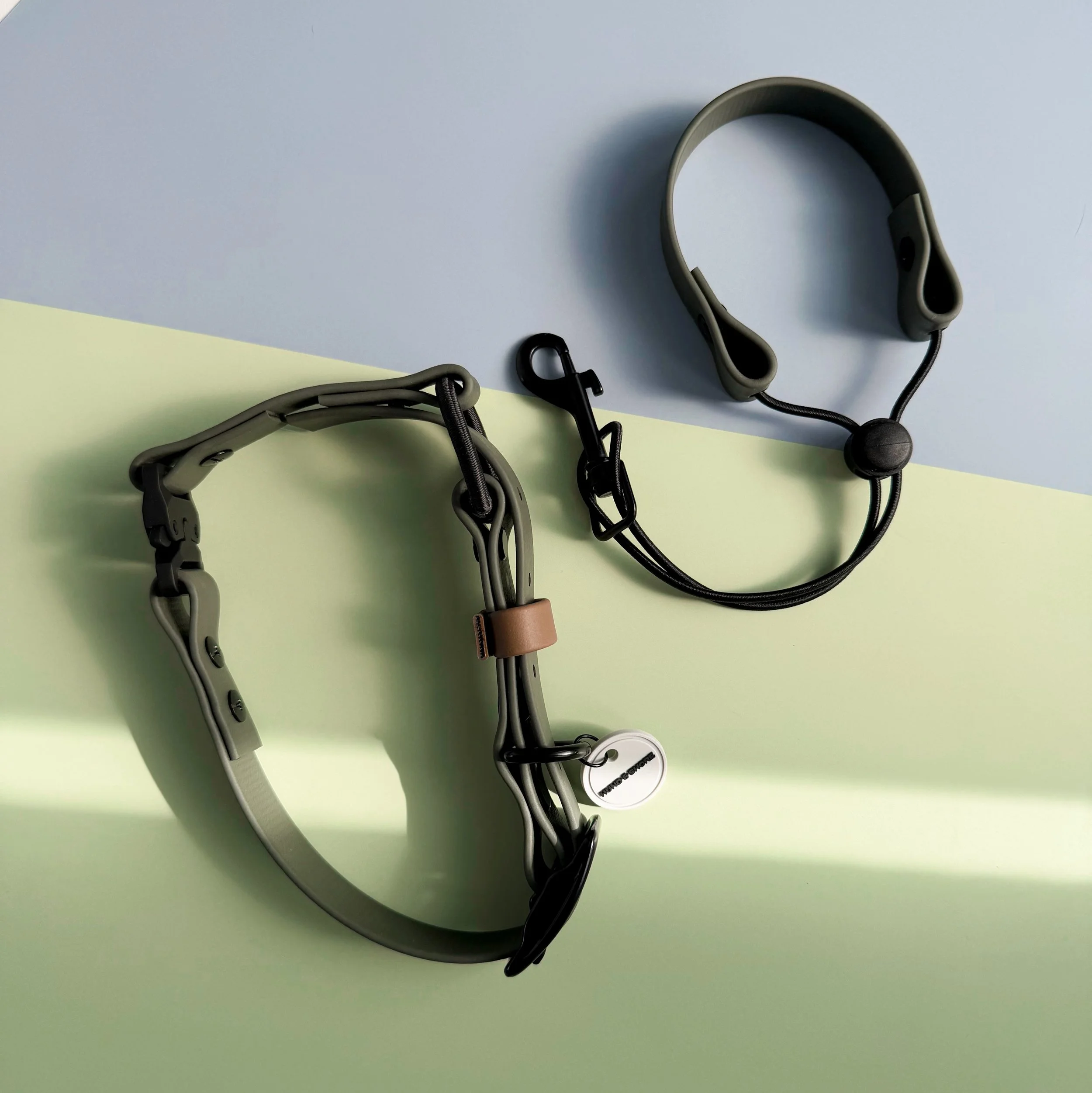 Olive biothane e-collar remote wrist strap and matching quick-release e-collar strap set in olive and black