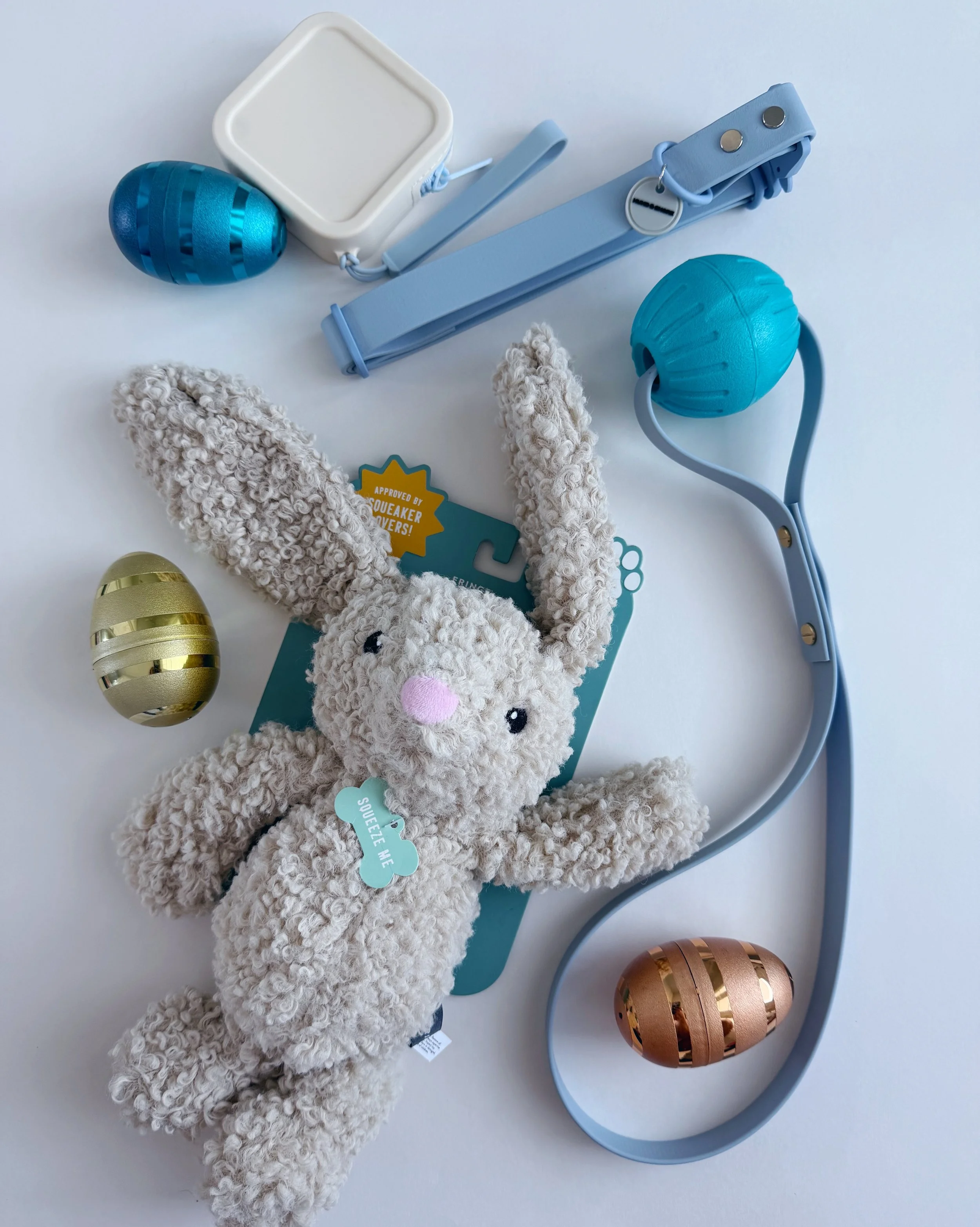 easter bunny dog toy with collar and ball loop
