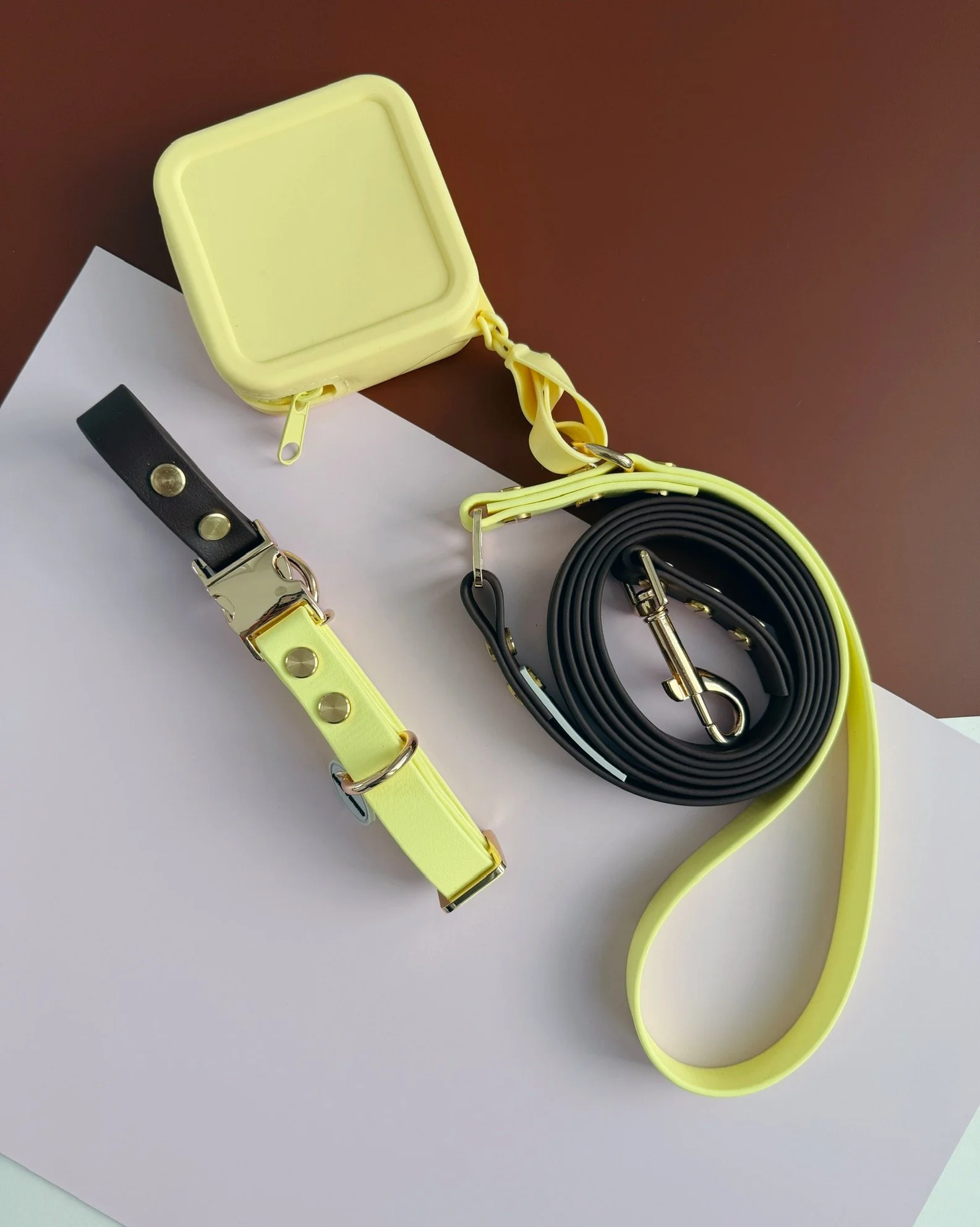 Sunflower Fetch mellow yellow and brown two tone biothane dog collar and leash set with light gold hardware from the Flora Collection by Hund and Shore