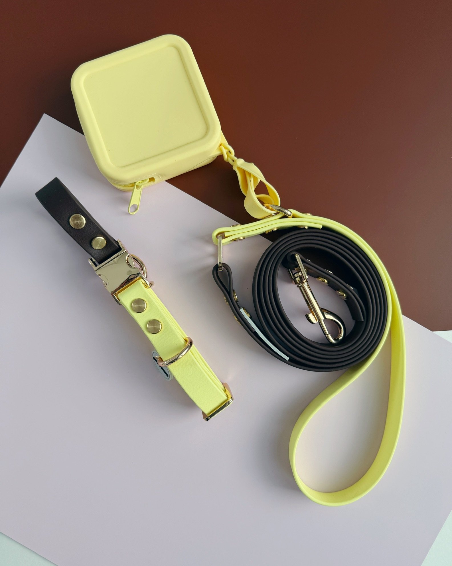 Sunflower Fetch mellow yellow and brown two tone biothane dog collar and leash set with light gold hardware from the Flora Collection by Hund and Shore