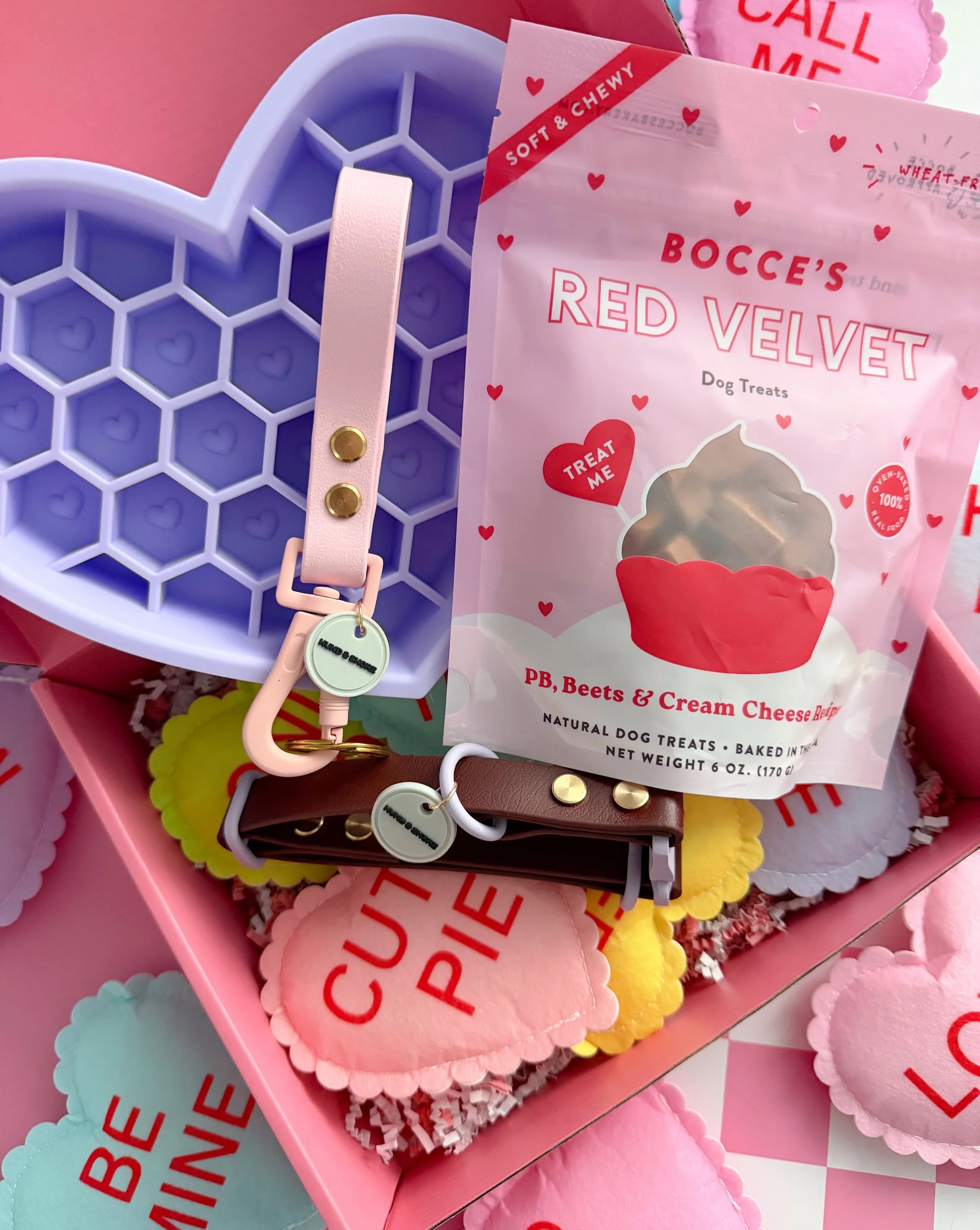 Dog Mom + Pup Sweet Hearts Bundle with collar treats keychain and heart shaped slow feeder bowl from Sweet Paws Valentine's Collection