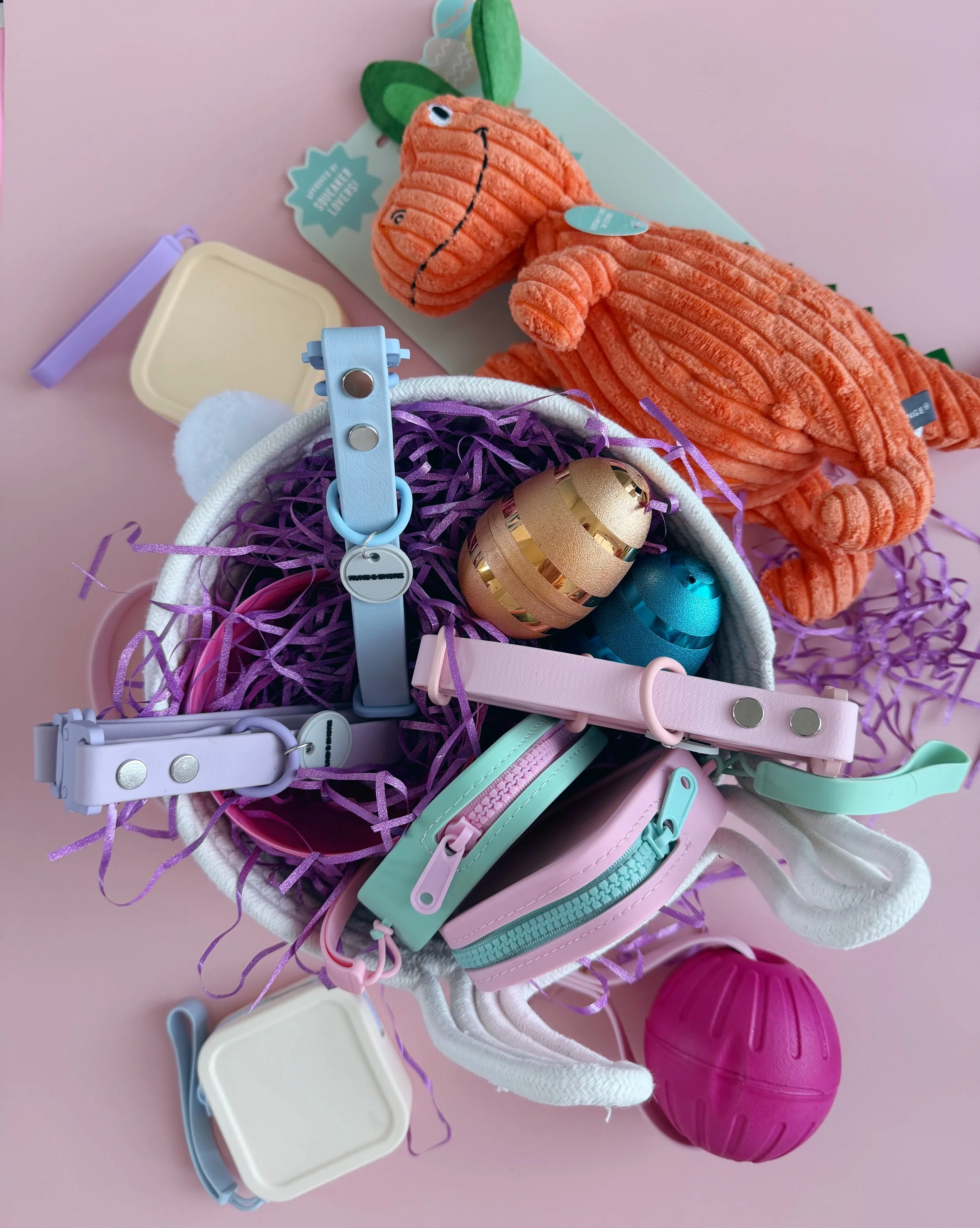 Easter basket for dog filled with collars and toys