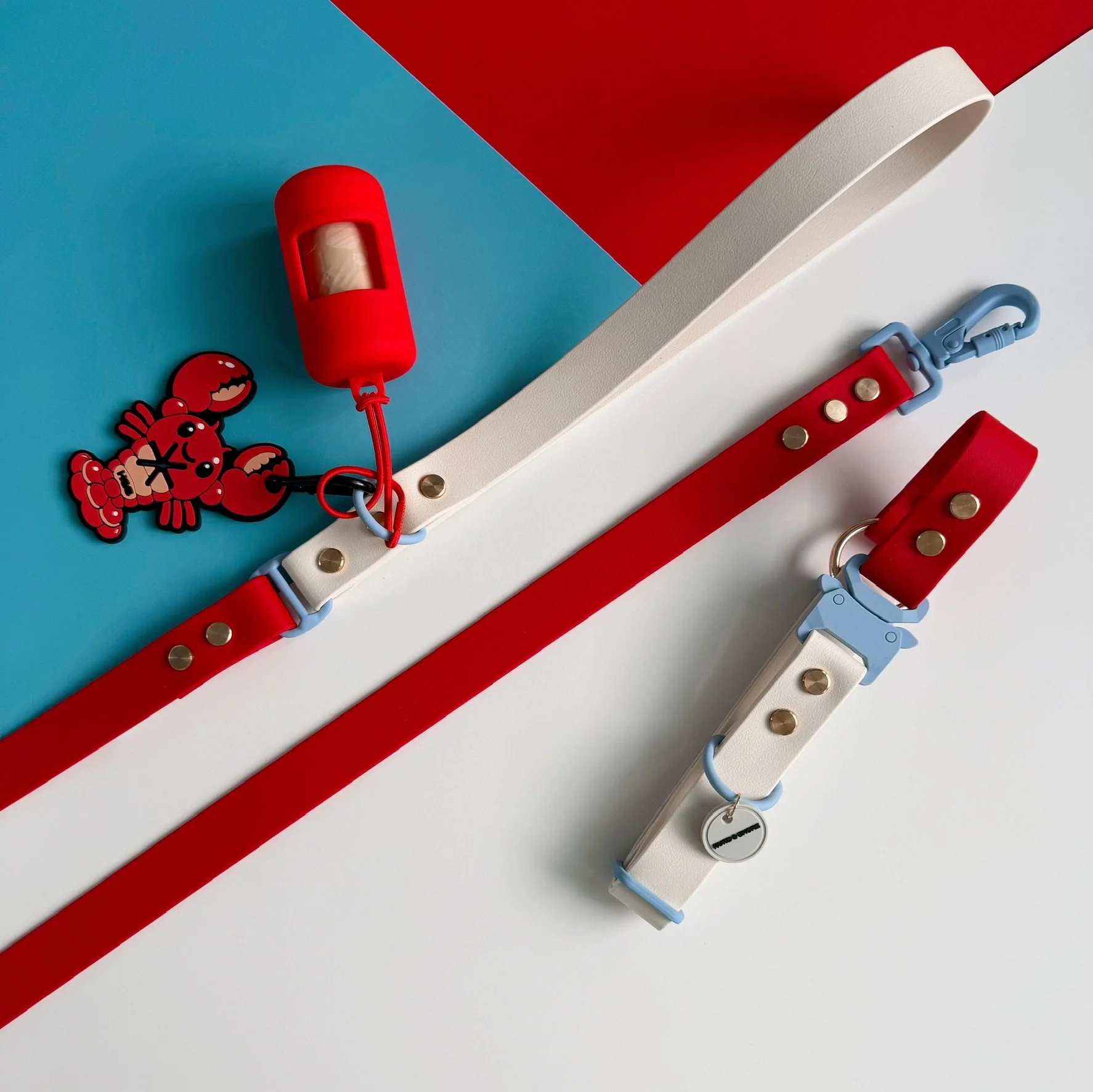 Rocket Pop red and white two tone waterproof biothane dog collar and leash set with periwinkle blue hardware Rover Splash Collection Hund and Shore