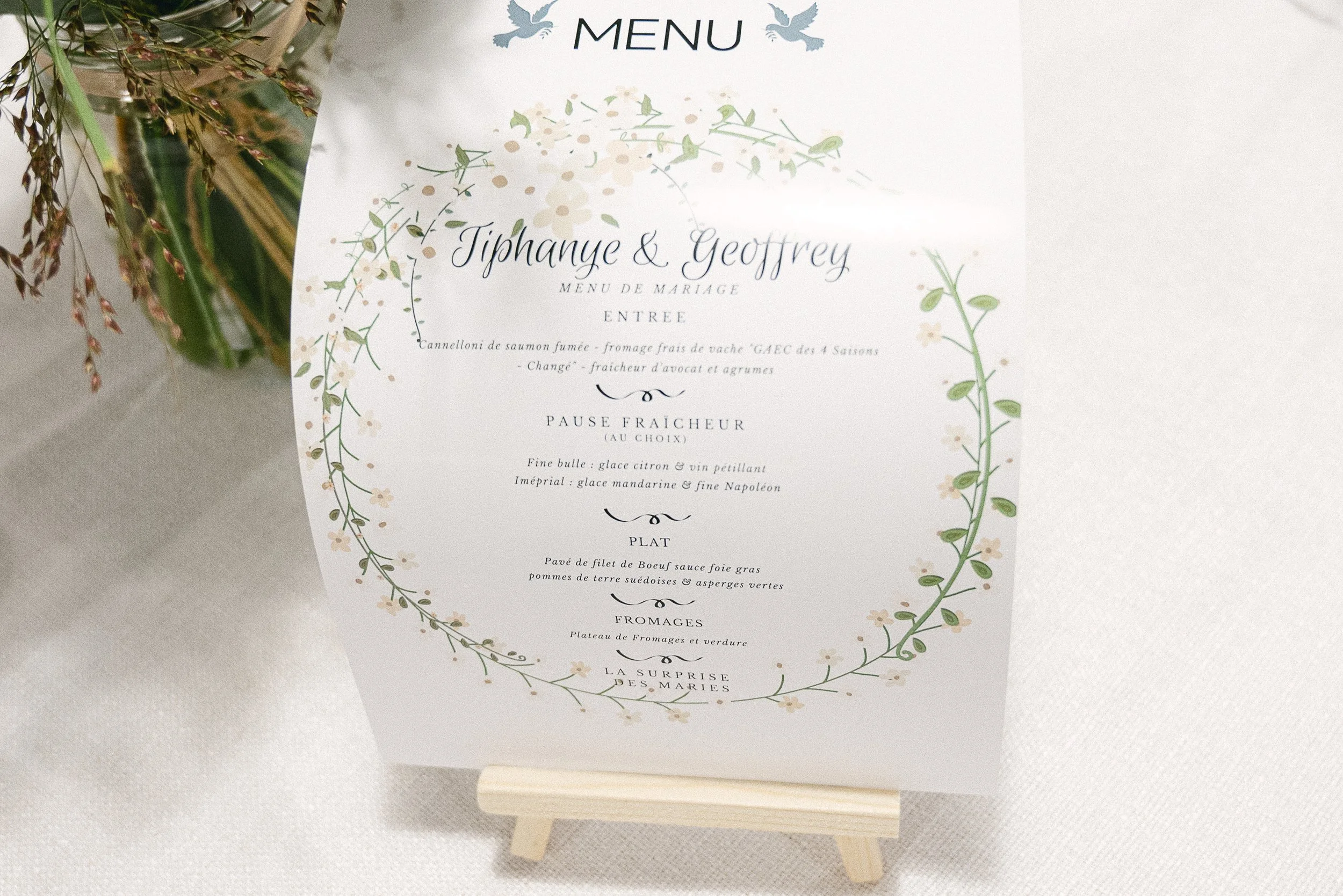 Impression du menu du repas de mariage