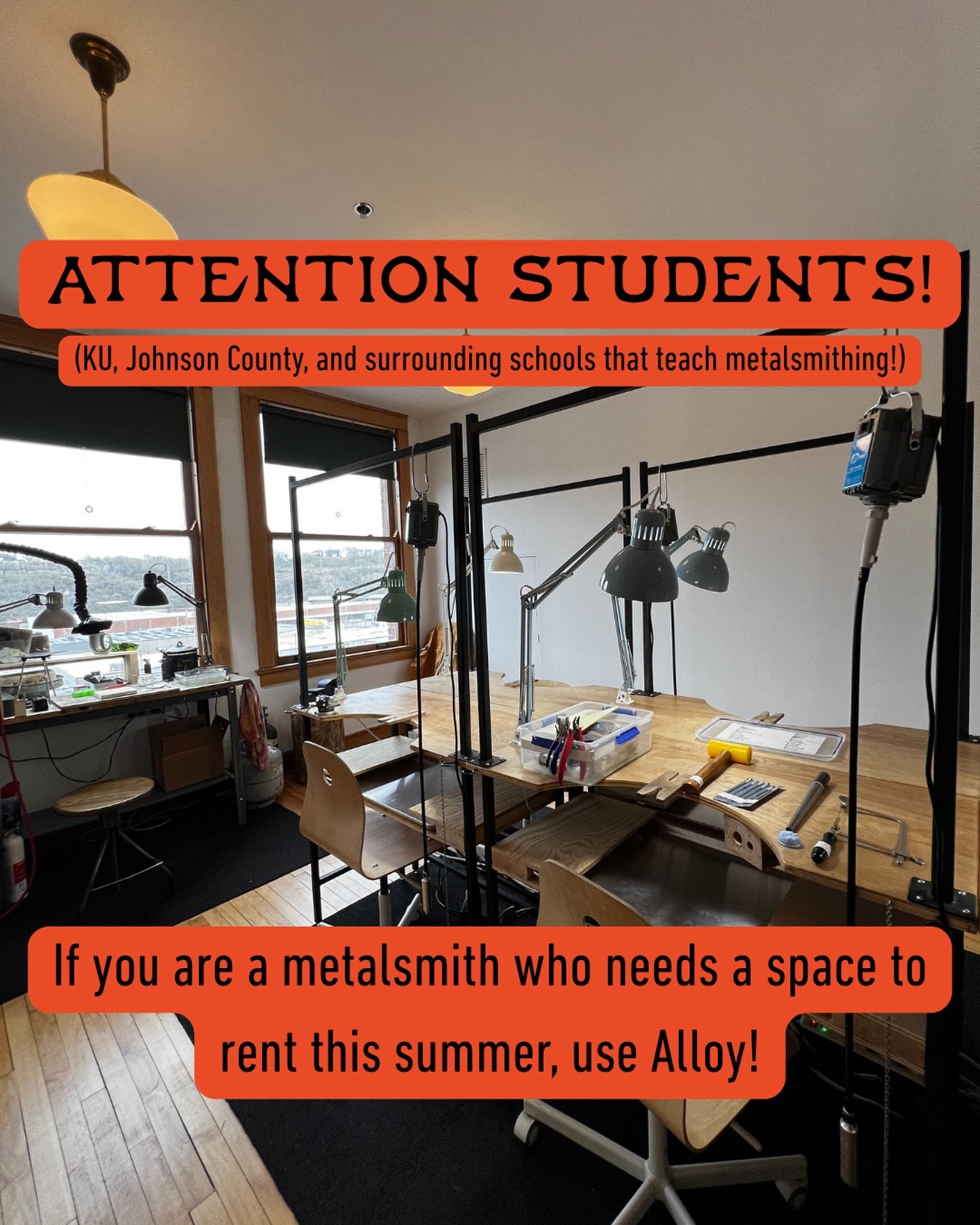 ATTN metalsmithing students (and soon-to-be grads) 

If you&rsquo;re at KU, Johnson County, or any nearby program and you&rsquo;re about to lose access to your school studio for the summer, you don&rsquo;t have to hit pause on your work!

Alloy is he