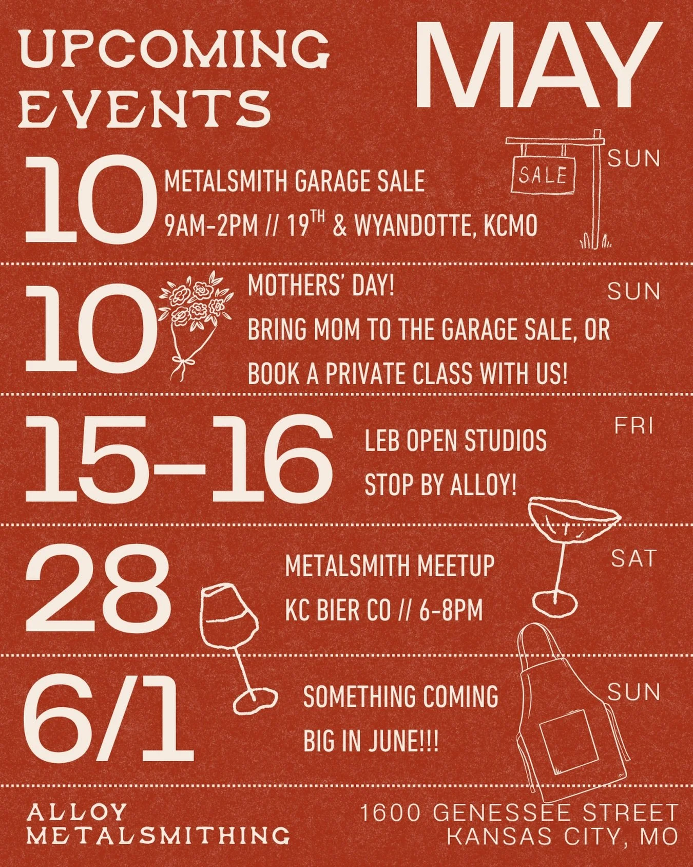 MAY is the month of Metalsmith MAYHEM! We have a jam-packed month ahead, so be sure to save this post to save the date for:

-5/10 Metalsmith Garage Sale
9m-2pm, 19th &amp; Wyandotte
-5/10 Mother&rsquo;s Day! 
Bring your mom to the Garage Sale or pur