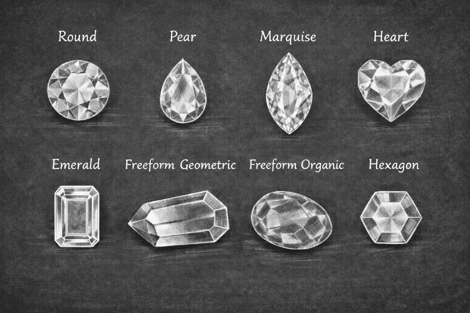 Round, Pear, Marquise, Heart, freeform organic, freeform geometric, hexagon, emerald shapes