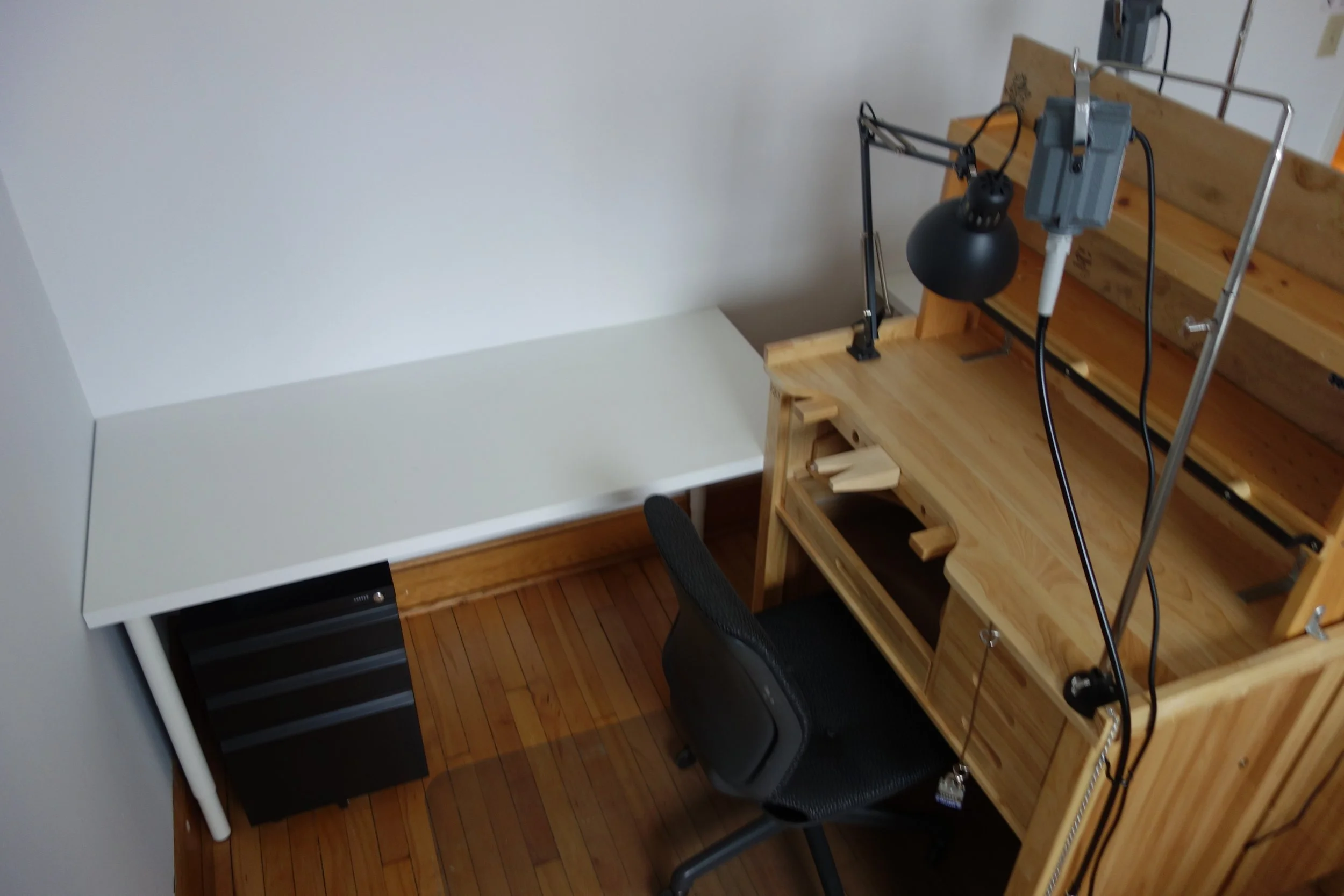 Designated studio, bench, worktable, and locking storage