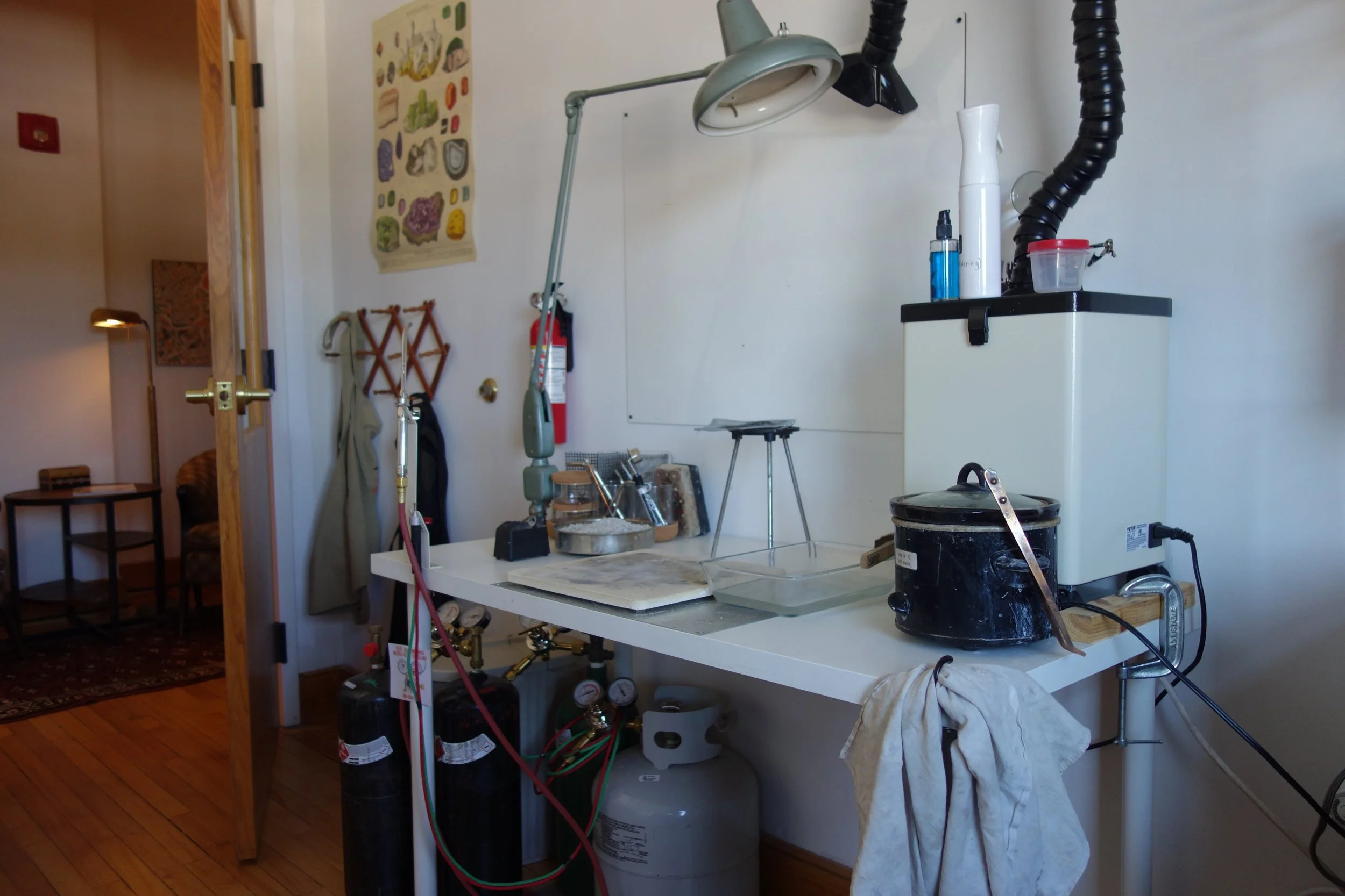 Designated studio soldering station with Oxygen Propane Little Smith Torch and Air Acetylene Silver Smith Torch