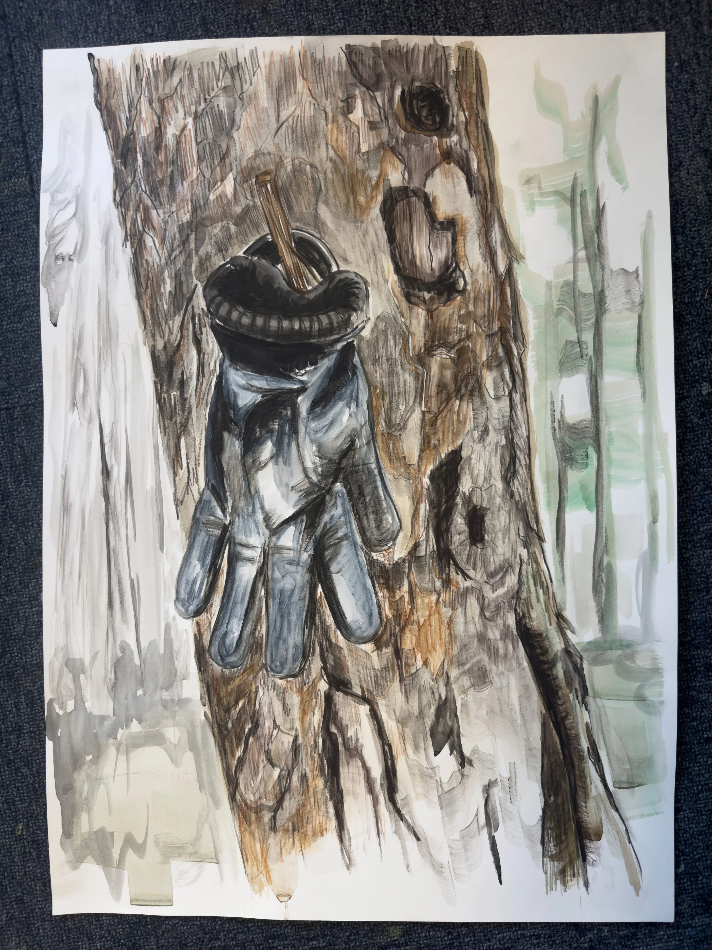 Watercolor, watercolorpencil and liquid coal on paper, 59 x 42 cm