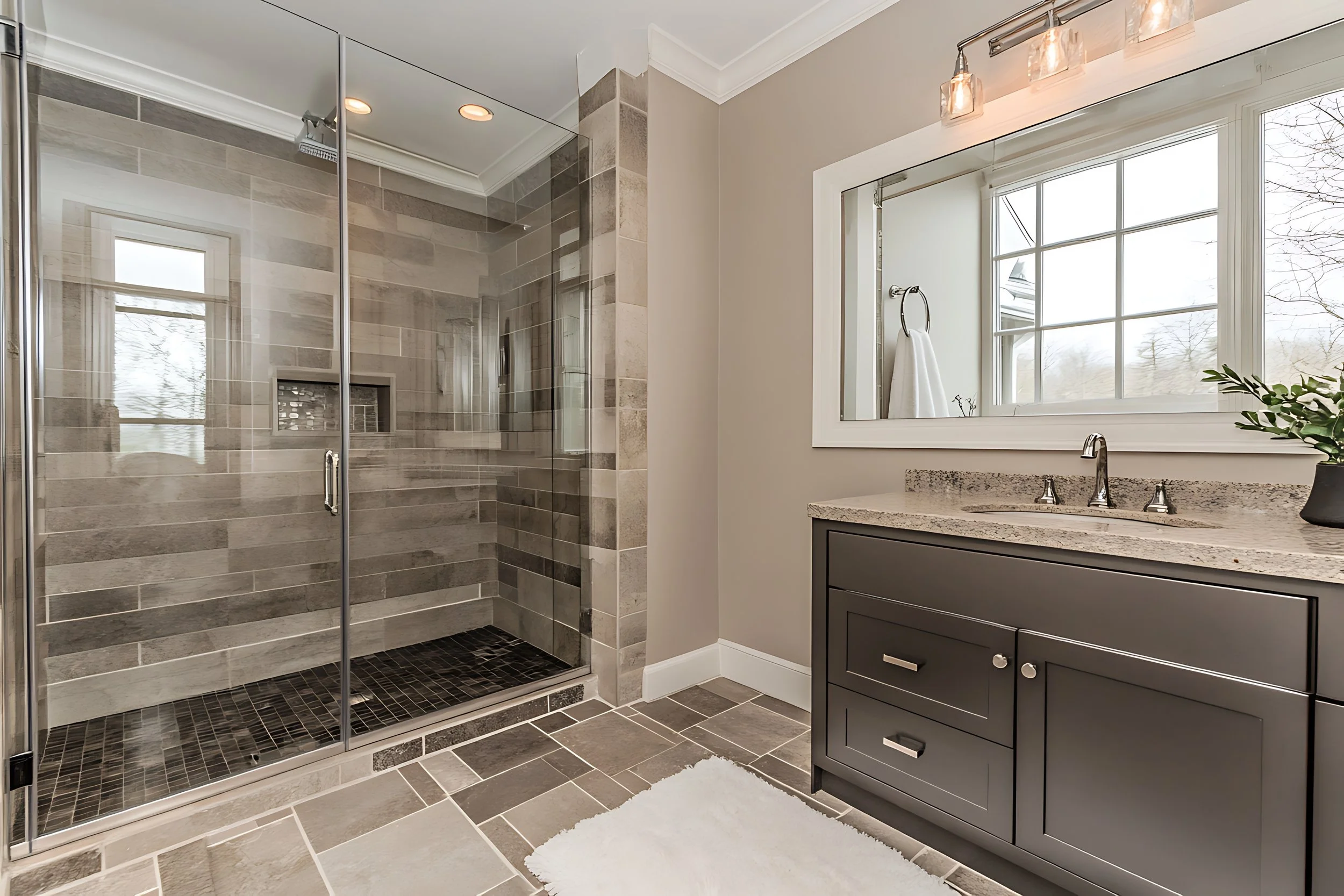 Modern bathroom with a glass shower enclosure, beige tiled walls and floor, a gray vanity with a granite countertop, a large mirror, and a window showing a winter scene outside.
