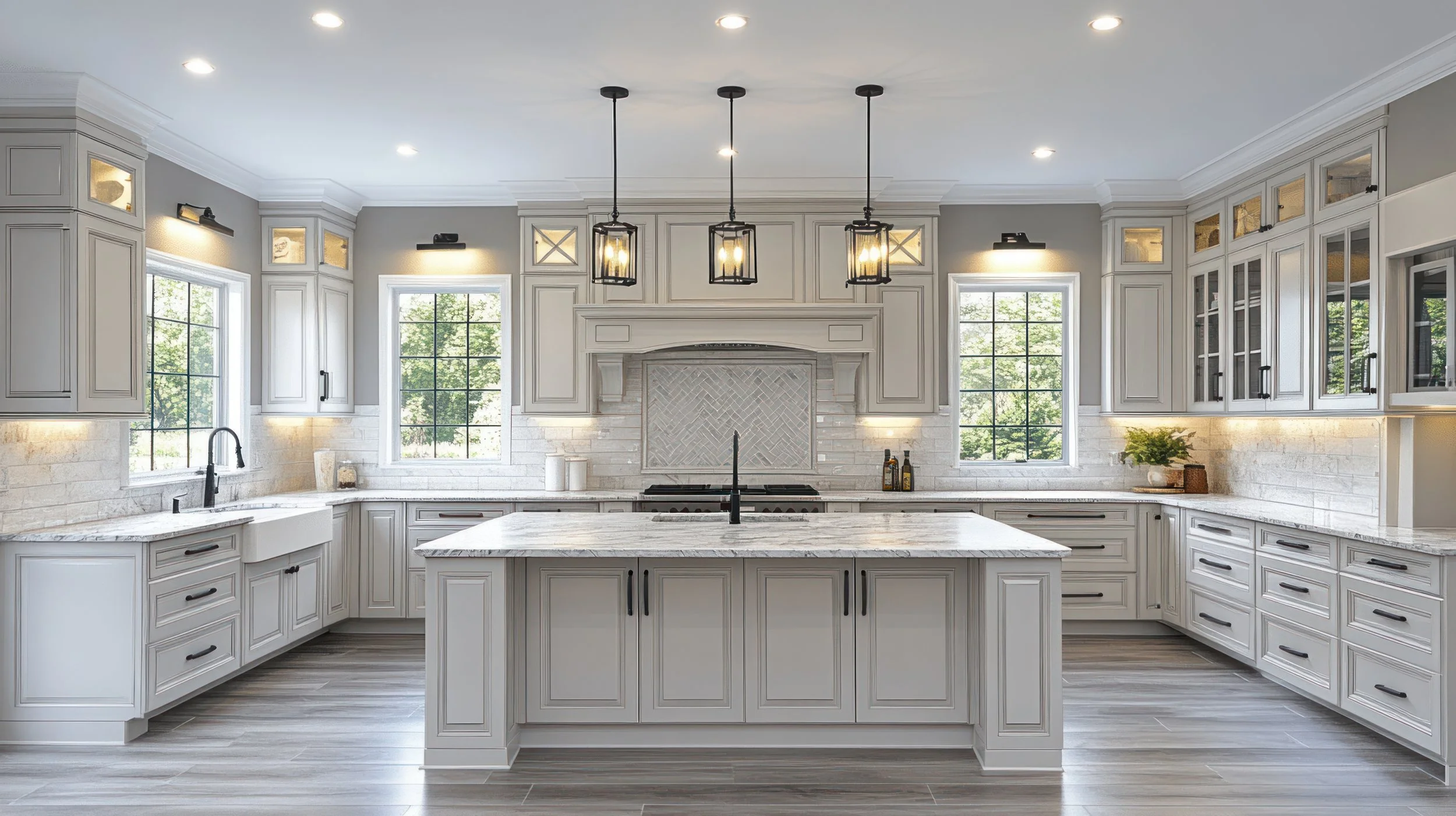 Modern white kitchen with marble countertops, large island, black hardware, and natural light from three windows.