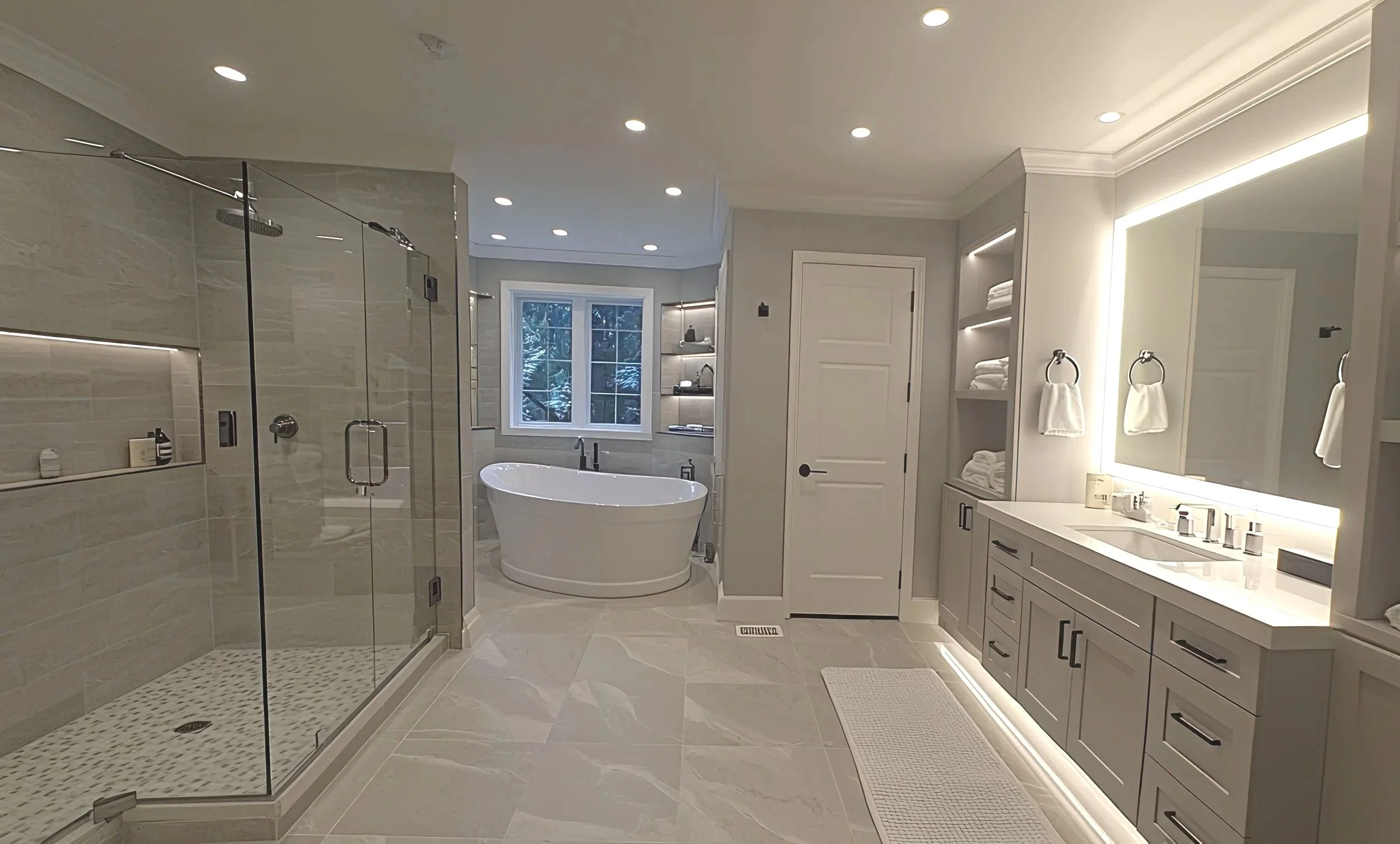 Modern bathroom with a glass-enclosed shower, a freestanding bathtub near a window, and a large illuminated vanity mirror with sink, towels, and shelves of folded linens.