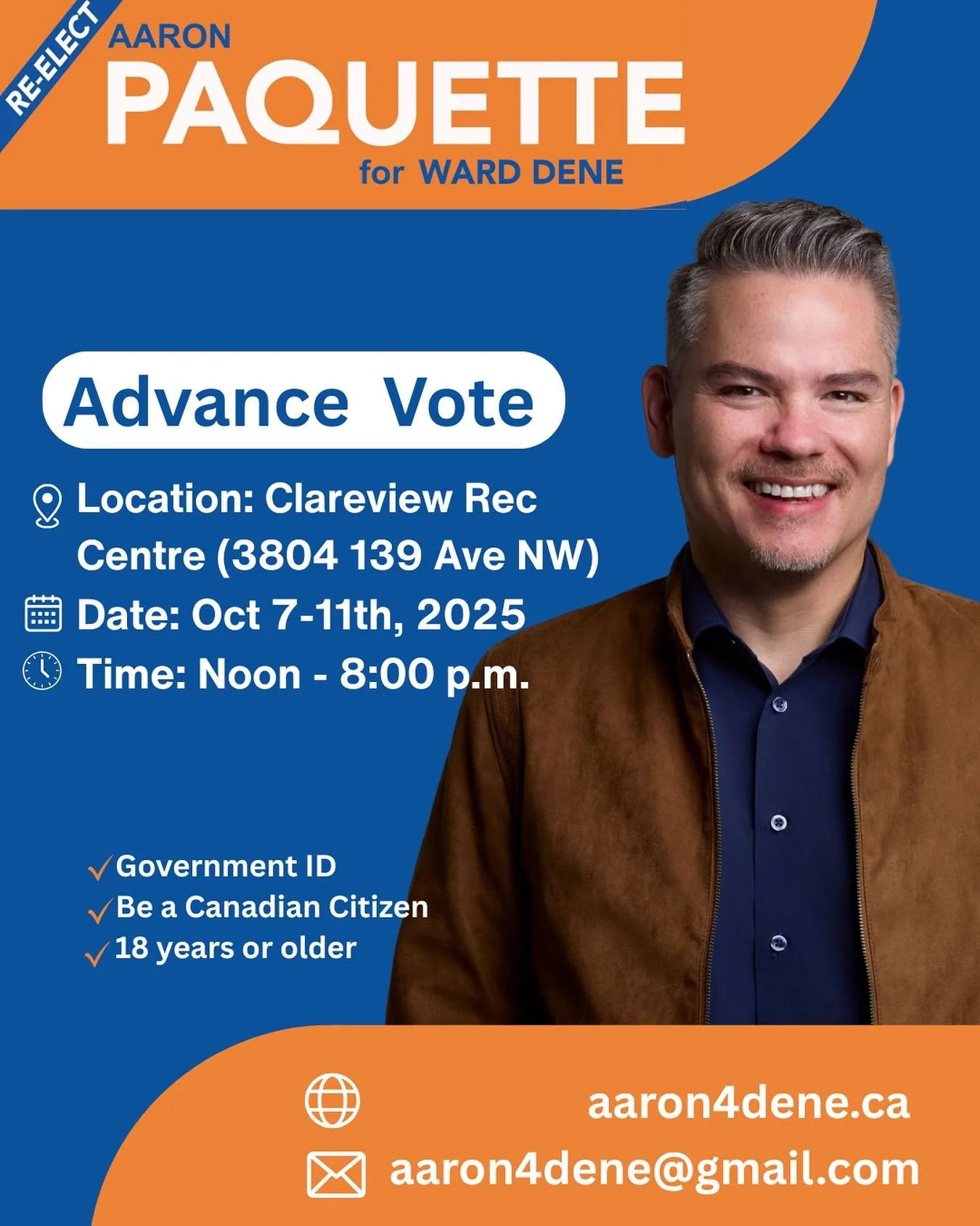 Early voting starts tomorrow&rsquo;s from October 7th to 11th at Clareview Recreation Centre (3804 139 Ave NW) from 12:00 p.m. to 8:00 p.m.

What you&rsquo;ll need to vote:

✅ Be a Canadian citizen

✅ Live in Edmonton

✅ Be 18 years of age or older

